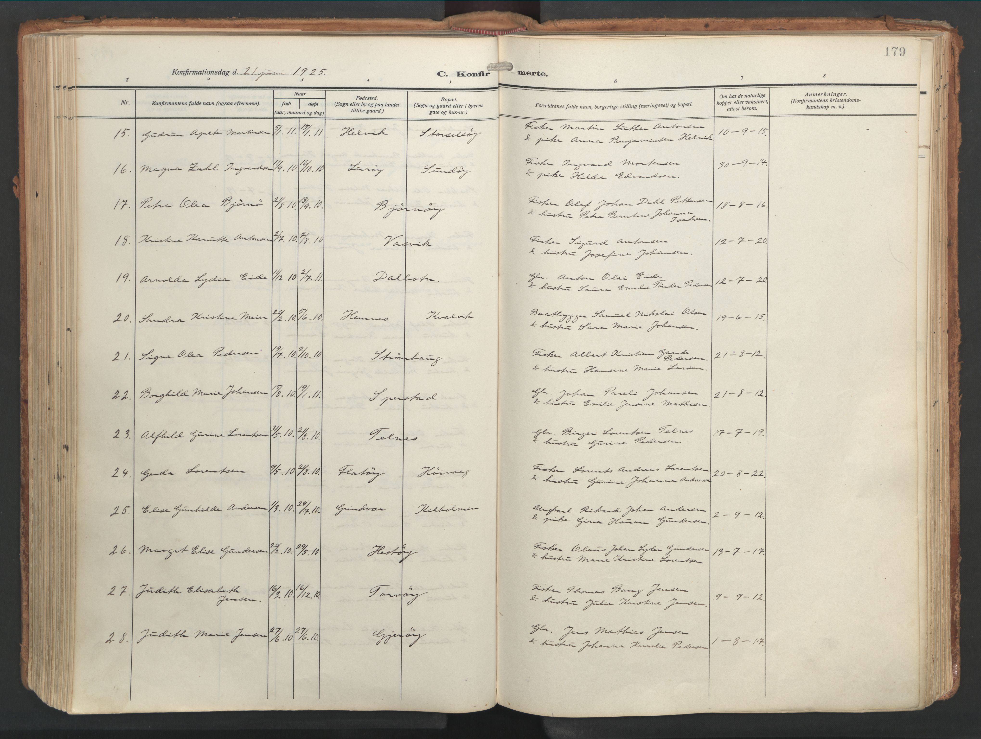 Ministerialprotokoller, klokkerbøker og fødselsregistre - Nordland, AV/SAT-A-1459/841/L0614: Parish register (official) no. 841A17, 1911-1925, p. 179