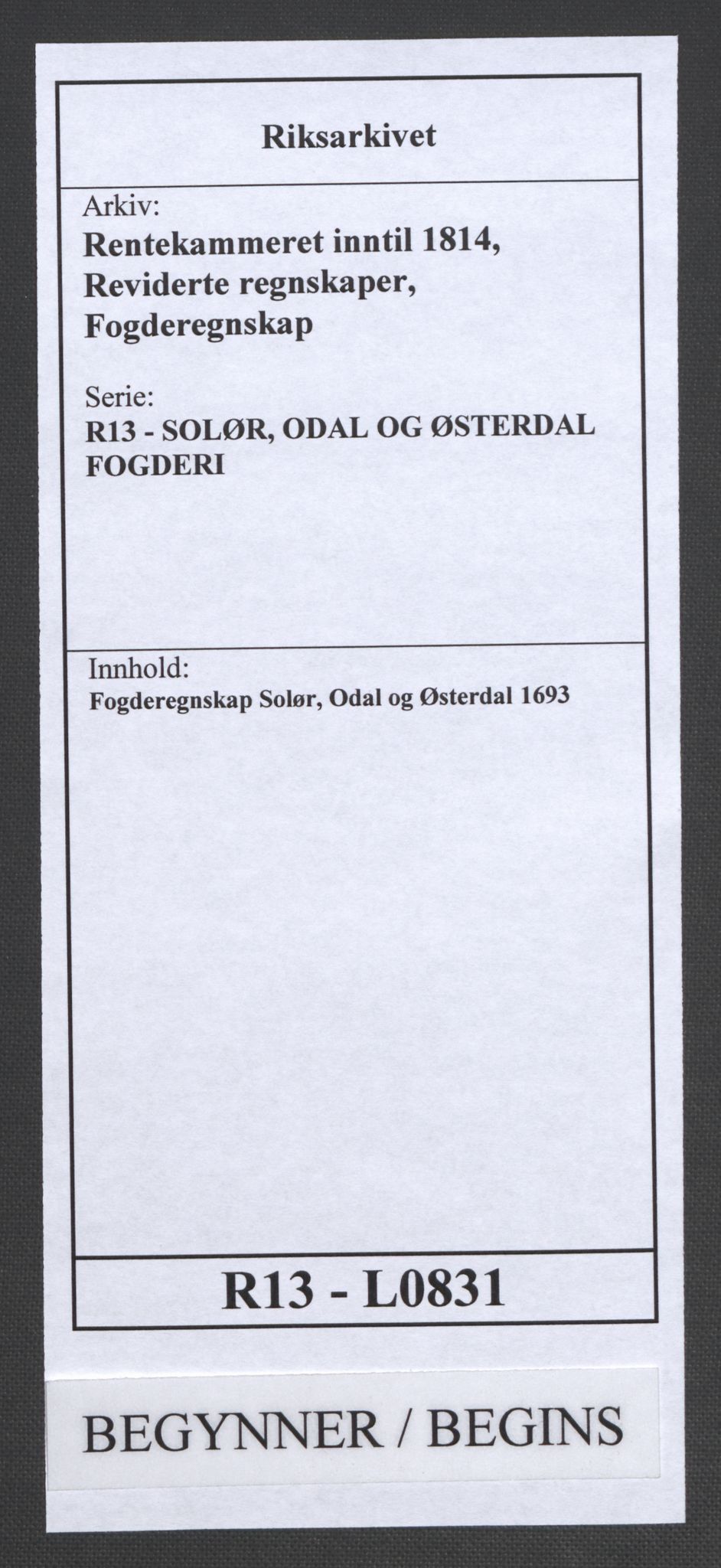 Rentekammeret inntil 1814, Reviderte regnskaper, Fogderegnskap, AV/RA-EA-4092/R13/L0831: Fogderegnskap Solør, Odal og Østerdal, 1693, p. 1