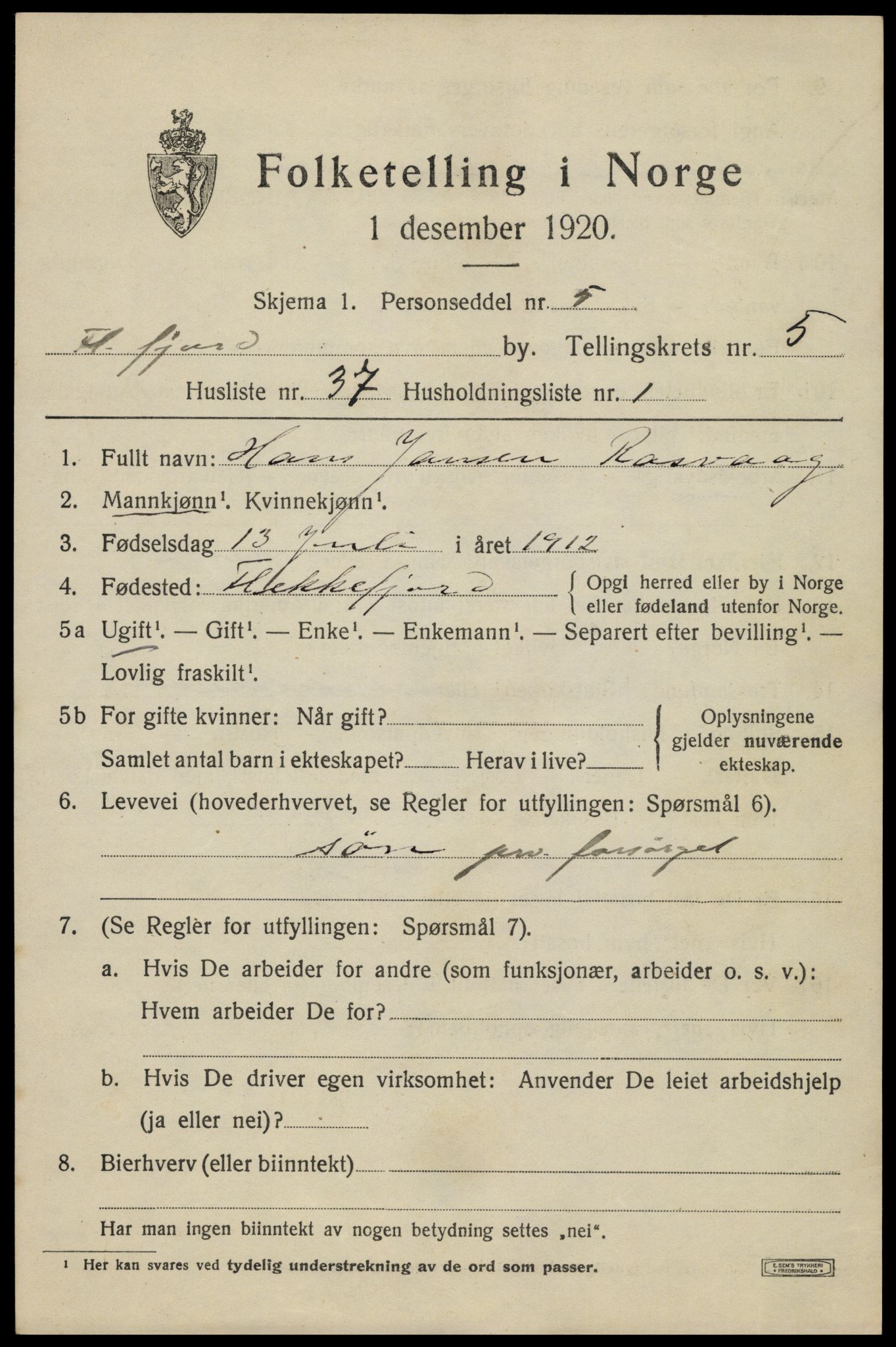 SAK, 1920 census for Flekkefjord, 1920, p. 5752