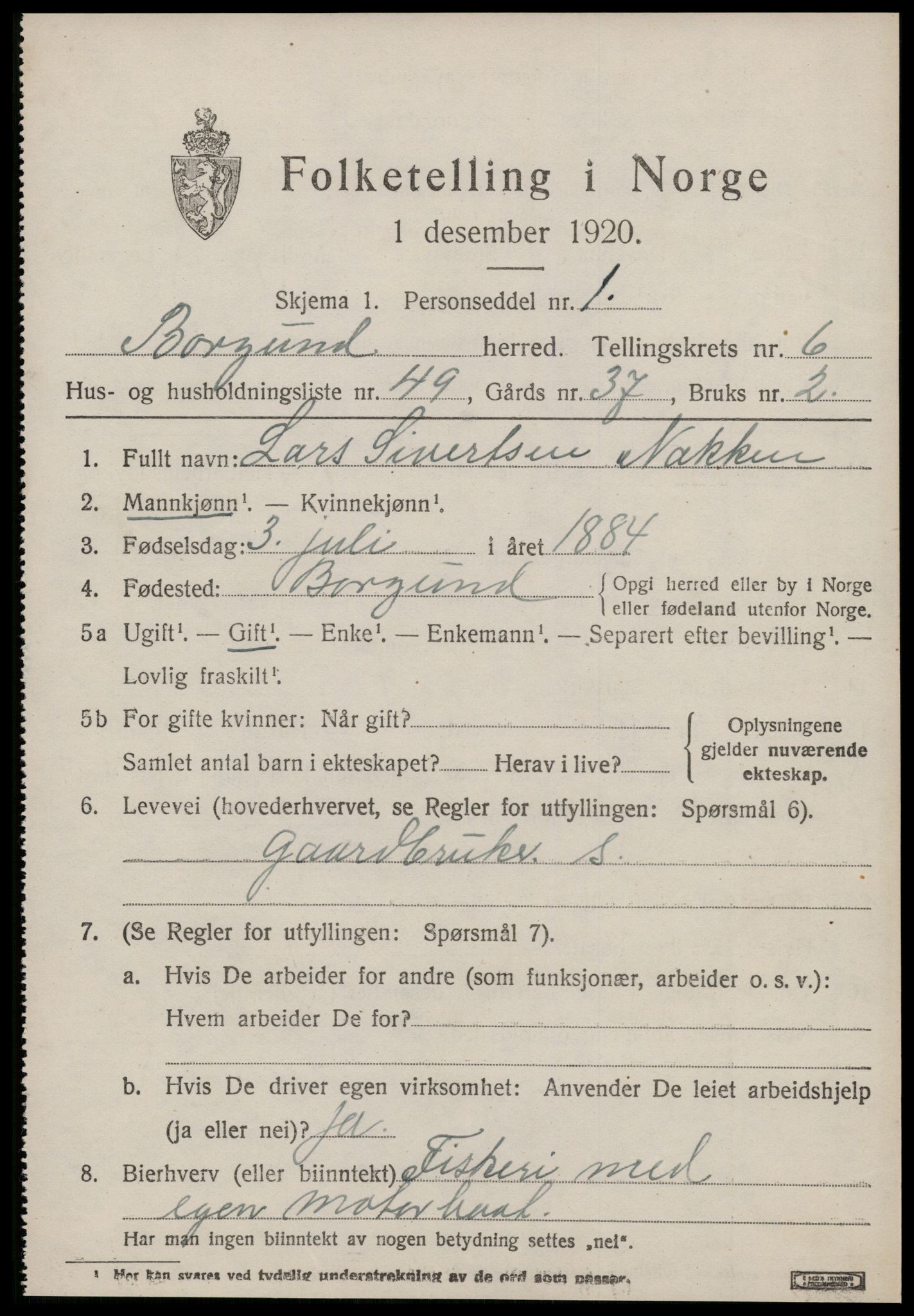 SAT, 1920 census for Borgund, 1920, p. 5772