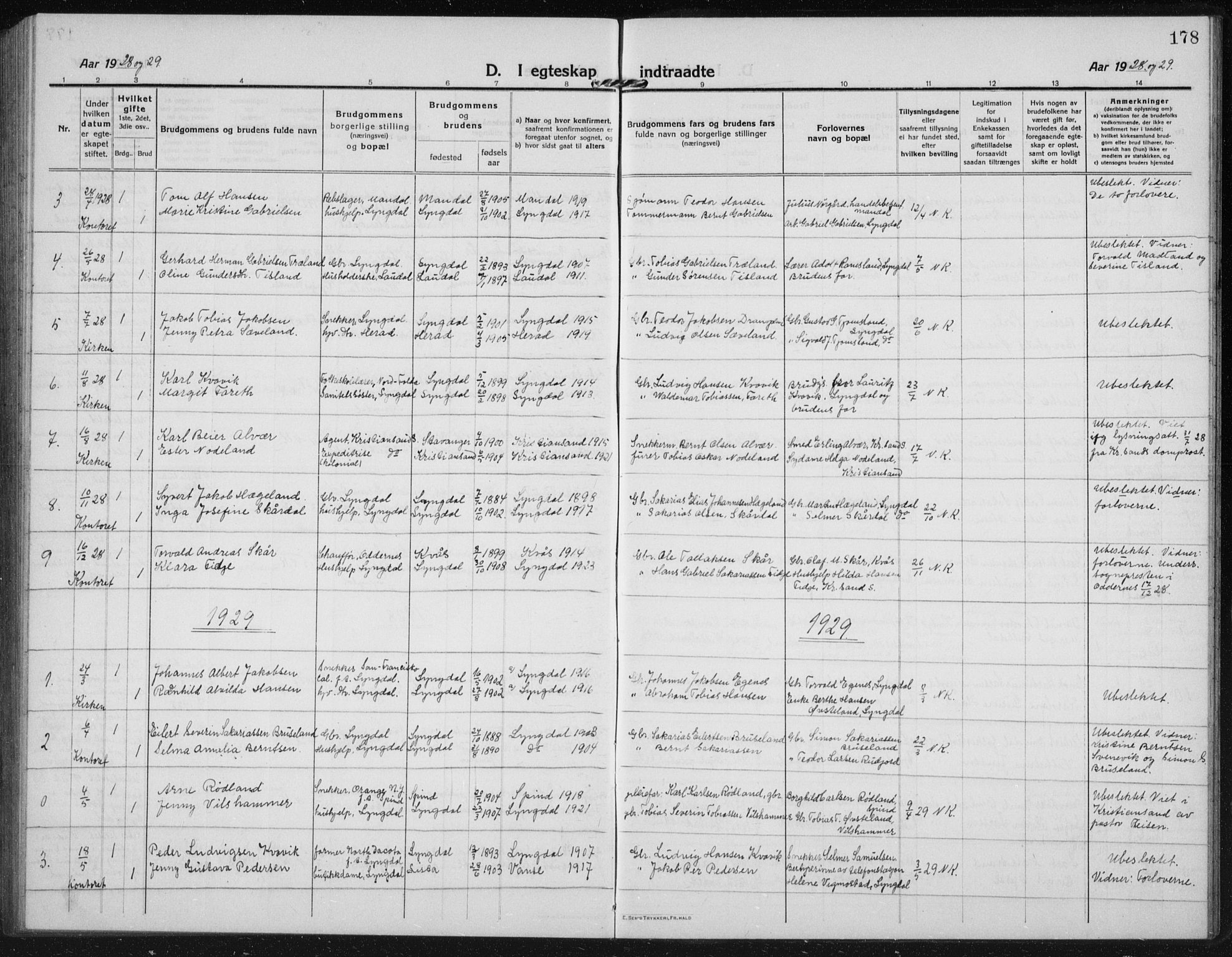 Lyngdal sokneprestkontor, AV/SAK-1111-0029/F/Fb/Fbc/L0006: Parish register (copy) no. B 6, 1914-1934, p. 178