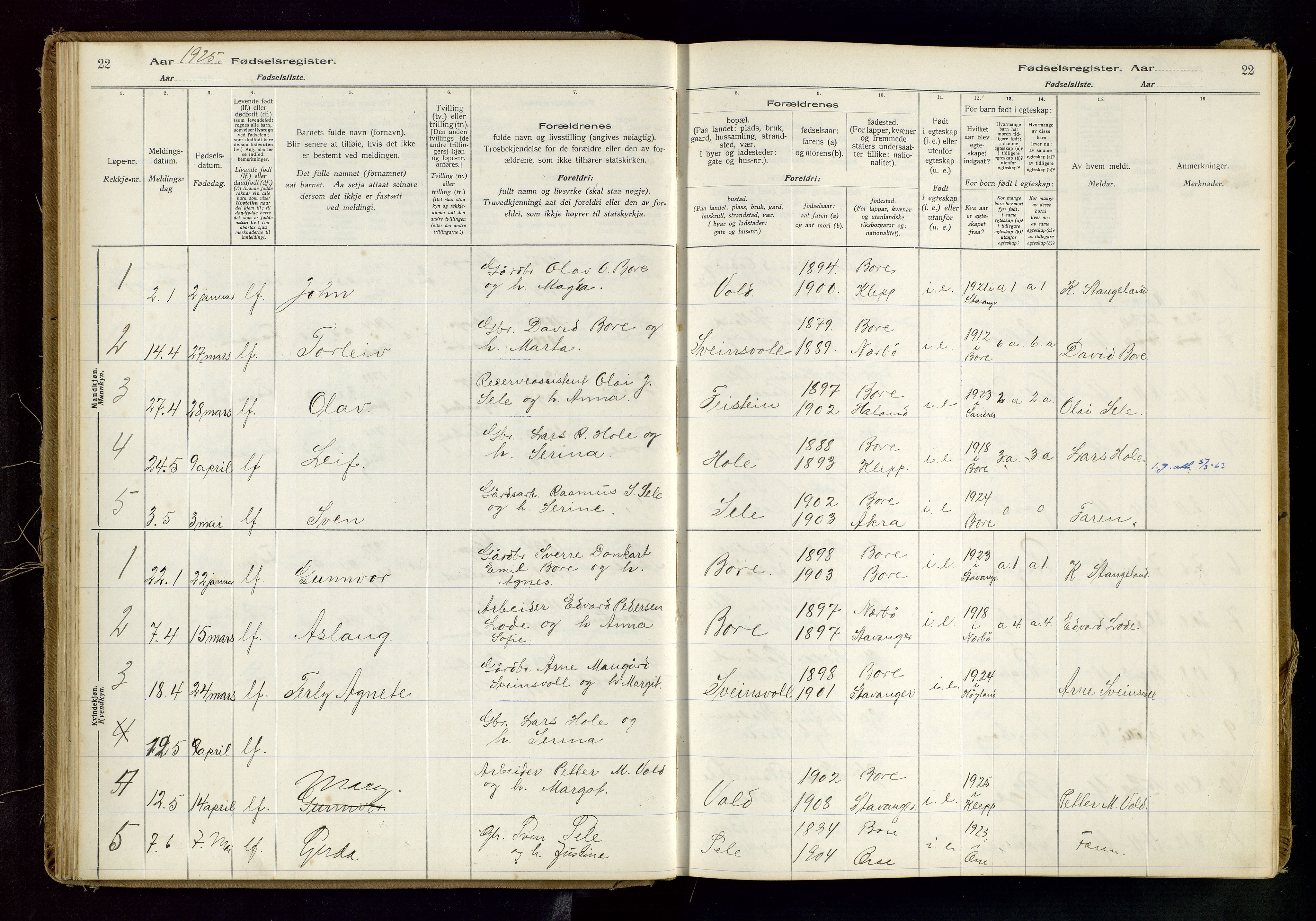 Klepp sokneprestkontor, AV/SAST-A-101803/001/704BAB/L0001: Birth register no. 1, 1916-1976, p. 22