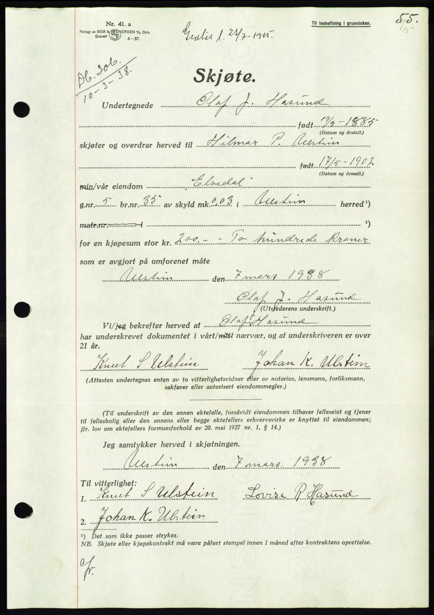 Søre Sunnmøre sorenskriveri, AV/SAT-A-4122/1/2/2C/L0065: Mortgage book no. 59, 1938-1938, Diary no: : 306/1938