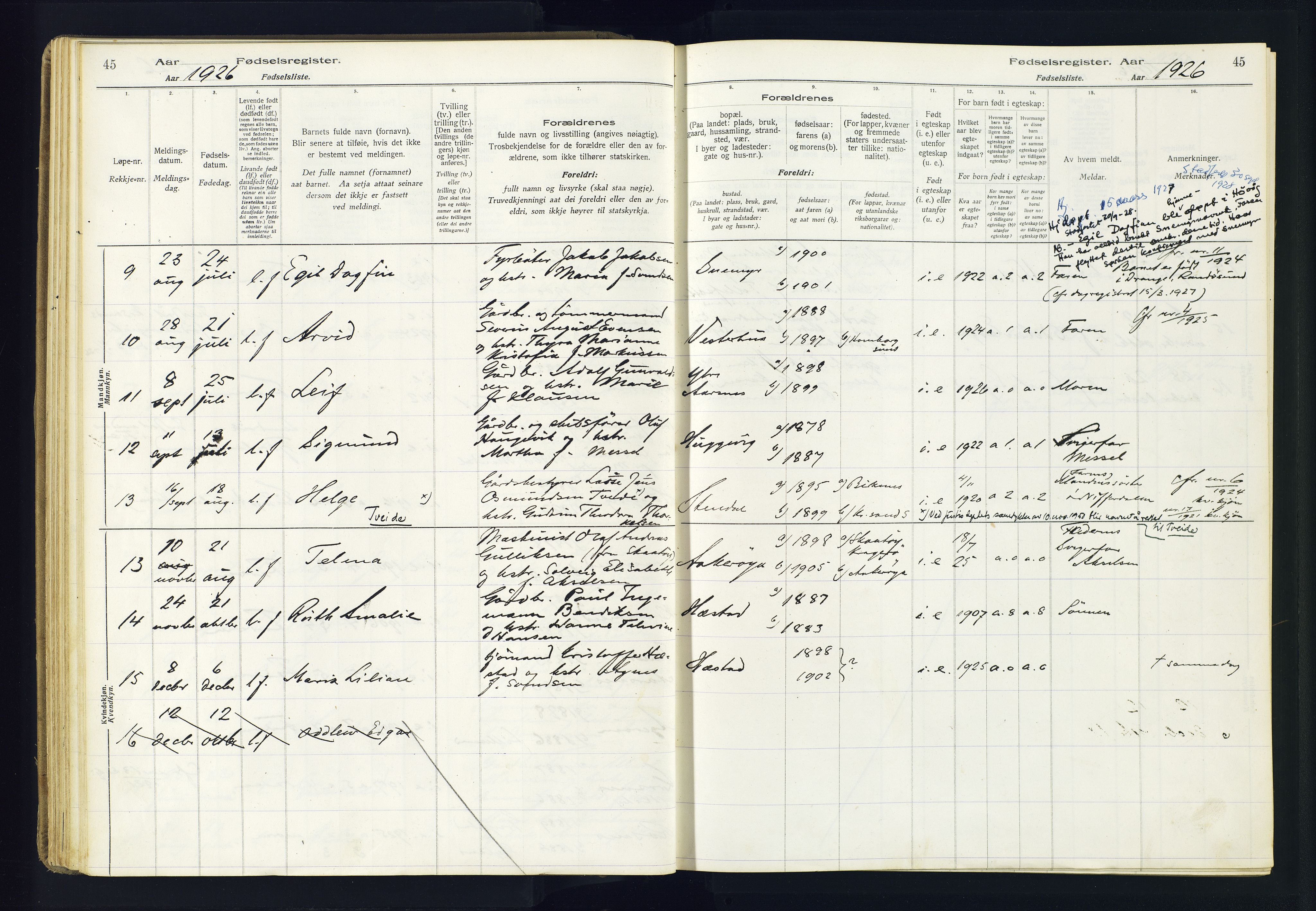 Høvåg sokneprestkontor, AV/SAK-1111-0025/J/Ja/L0001: Birth register no. II.4.2, 1916-1982, p. 45