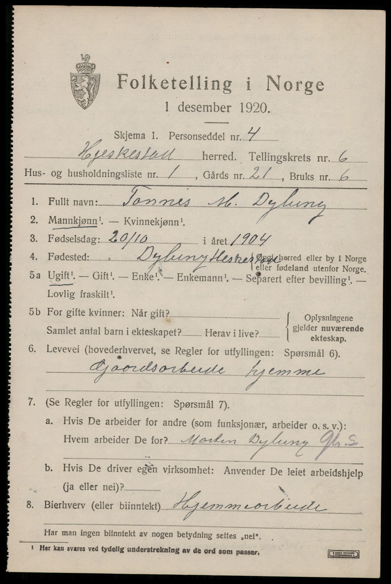 SAST, 1920 census for Heskestad, 1920, p. 2009