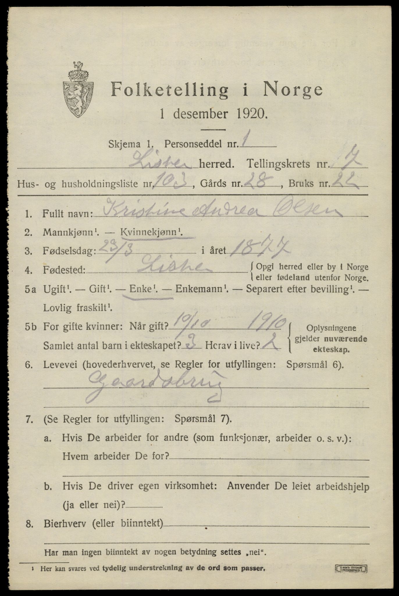 SAK, 1920 census for Lista, 1920, p. 7805