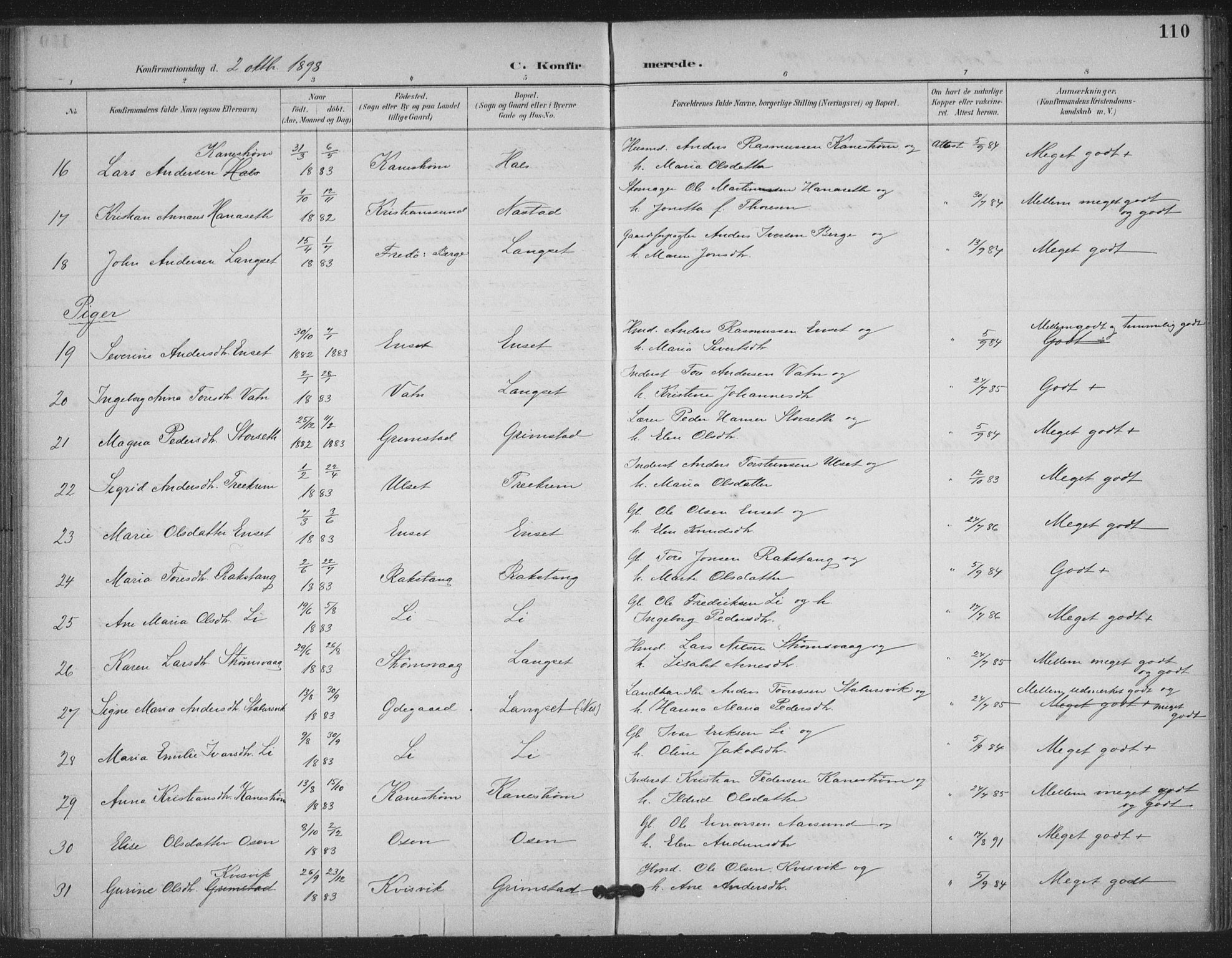 Ministerialprotokoller, klokkerbøker og fødselsregistre - Møre og Romsdal, AV/SAT-A-1454/587/L1000: Parish register (official) no. 587A02, 1887-1910, p. 110