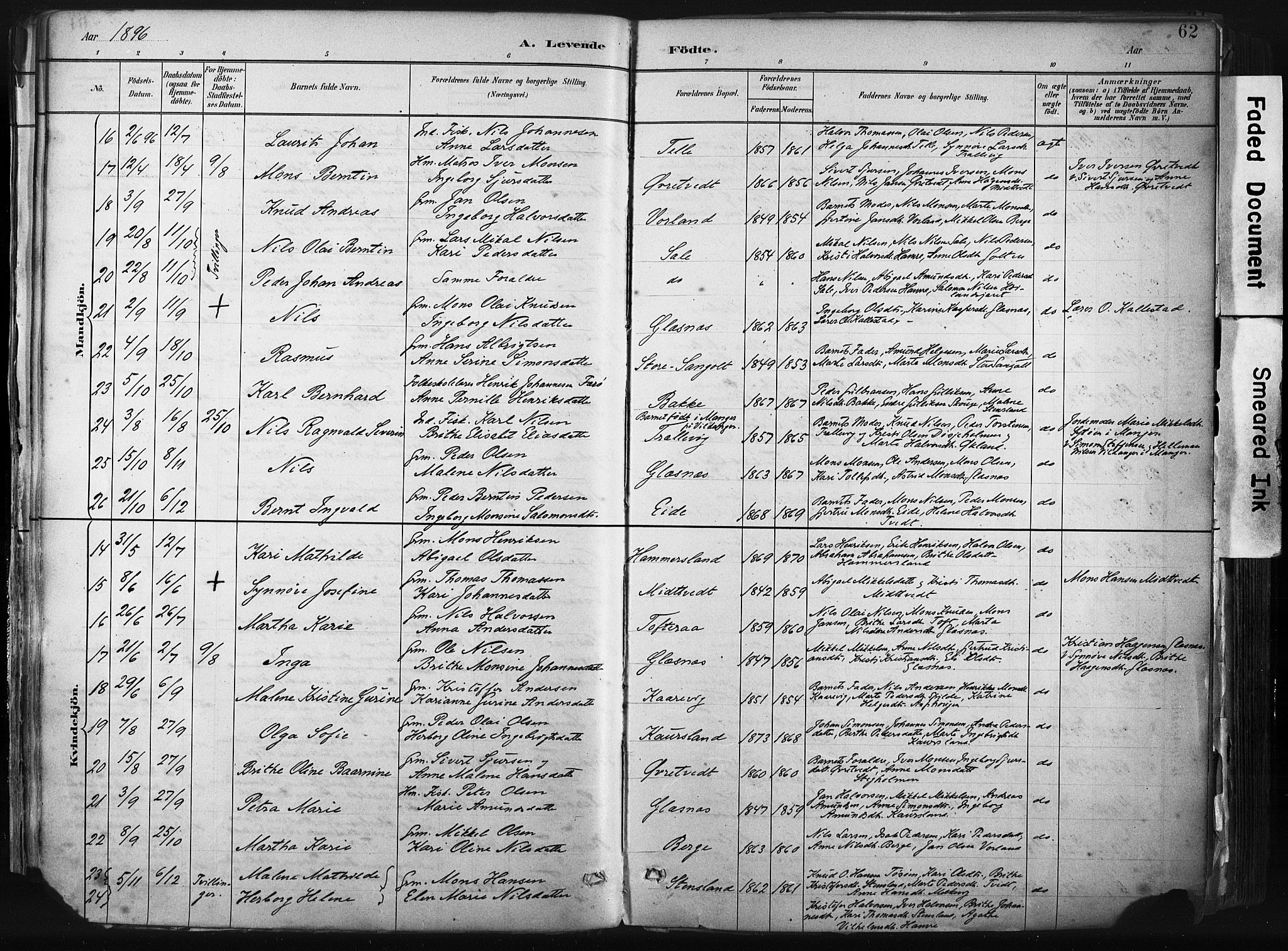 Sund sokneprestembete, AV/SAB-A-99930: Parish register (official) no. B 1, 1882-1907, p. 62