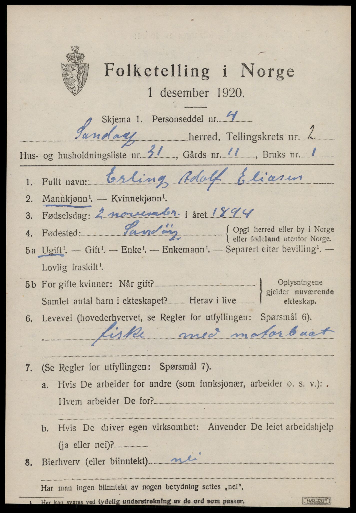 SAT, 1920 census for Sandøy, 1920, p. 1036