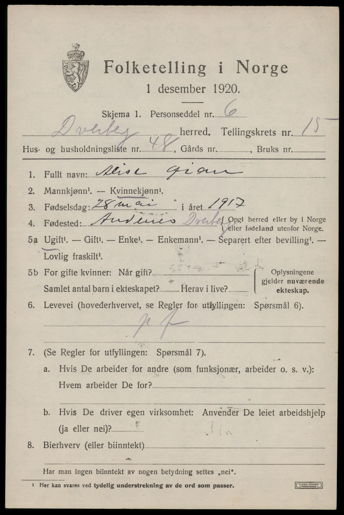 SAT, 1920 census for Dverberg, 1920, p. 11542