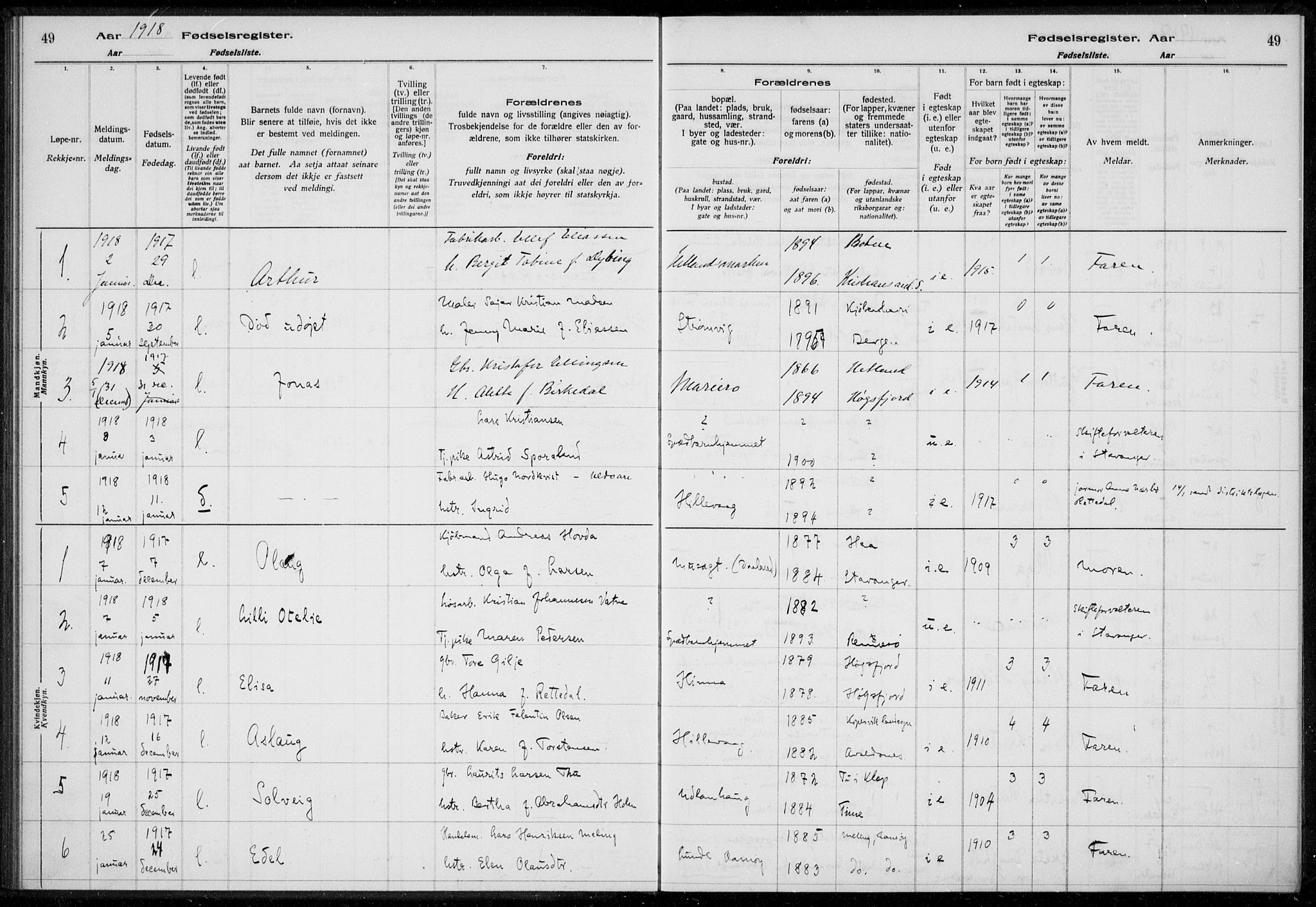 Hetland sokneprestkontor, SAST/A-101826/70/704BA/L0003: Birth register no. 1, 1916-1923, p. 49