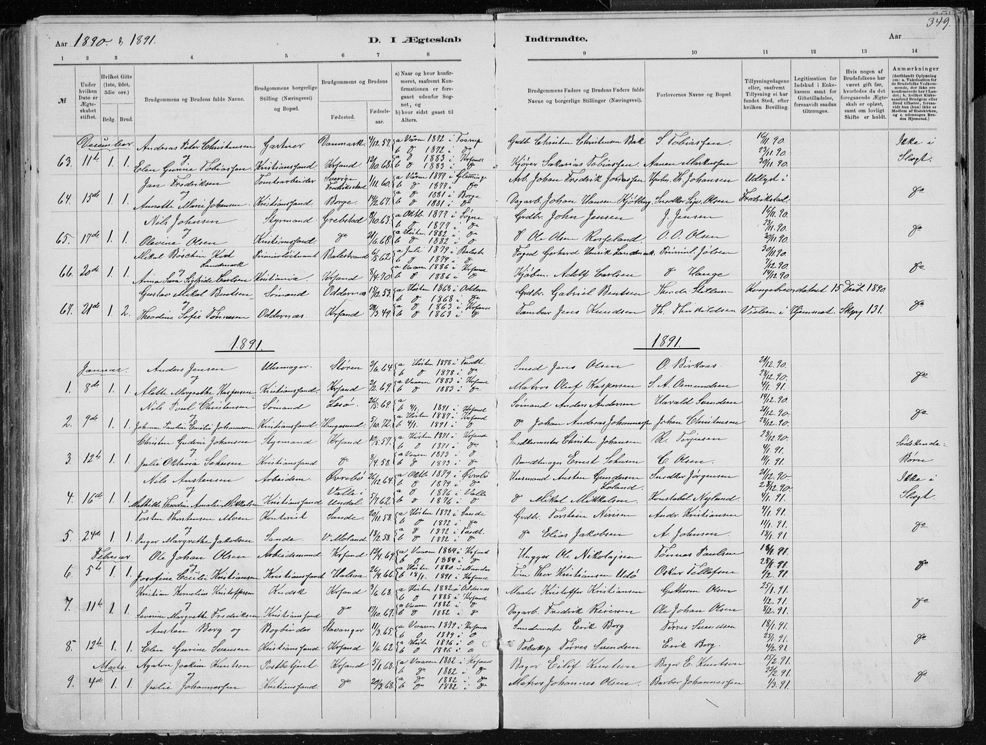 Kristiansand domprosti, SAK/1112-0006/F/Fb/L0014: Parish register (copy) no. B 14, 1881-1896, p. 349