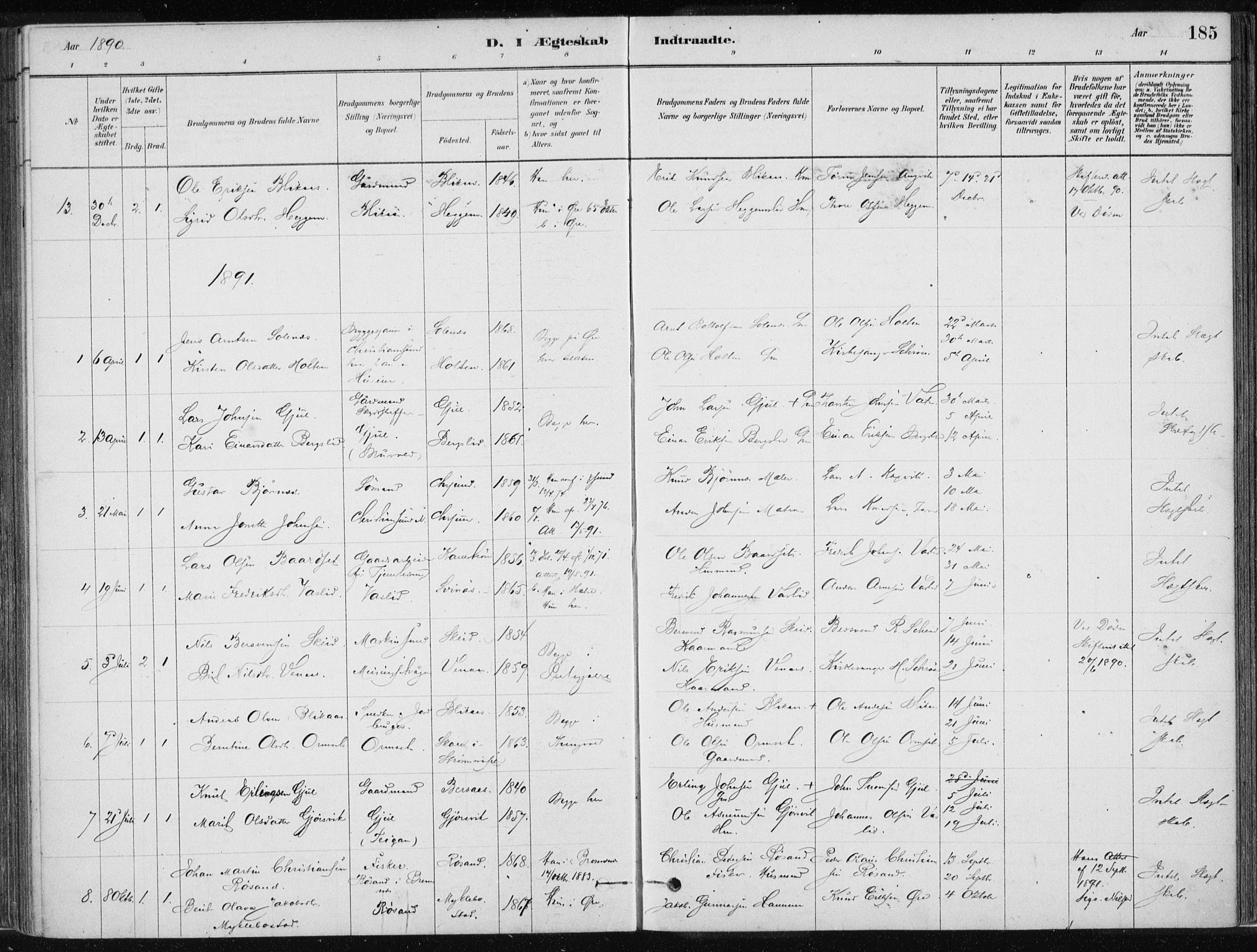 Ministerialprotokoller, klokkerbøker og fødselsregistre - Møre og Romsdal, AV/SAT-A-1454/586/L0987: Parish register (official) no. 586A13, 1879-1892, p. 185