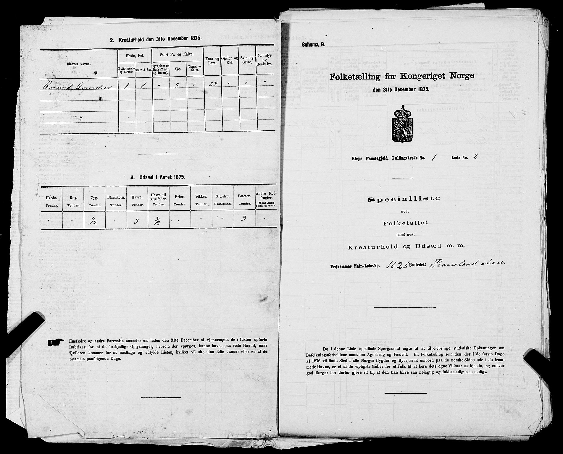 SAST, 1875 census for 1120P Klepp, 1875, p. 39