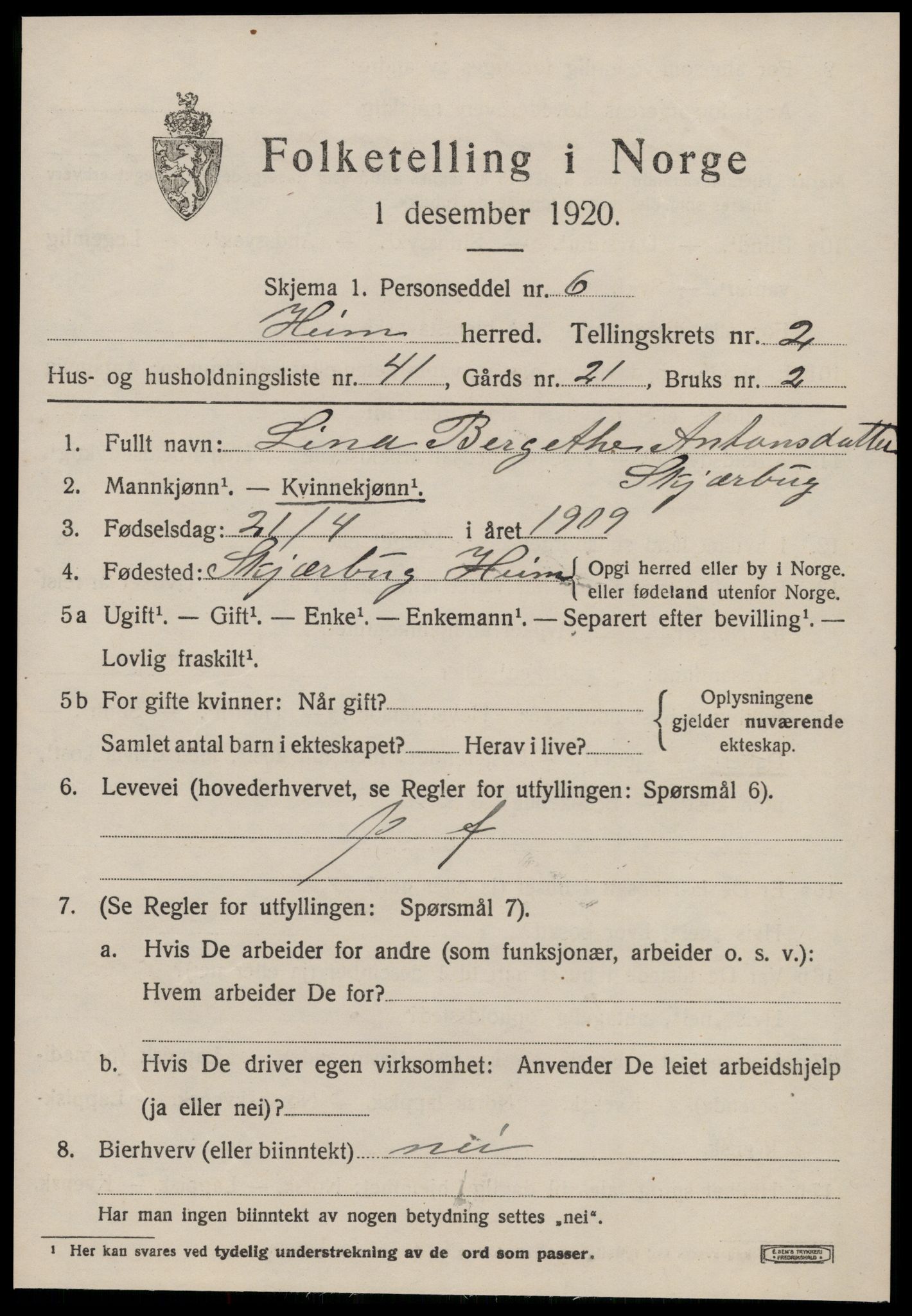 SAT, 1920 census for Heim, 1920, p. 1903