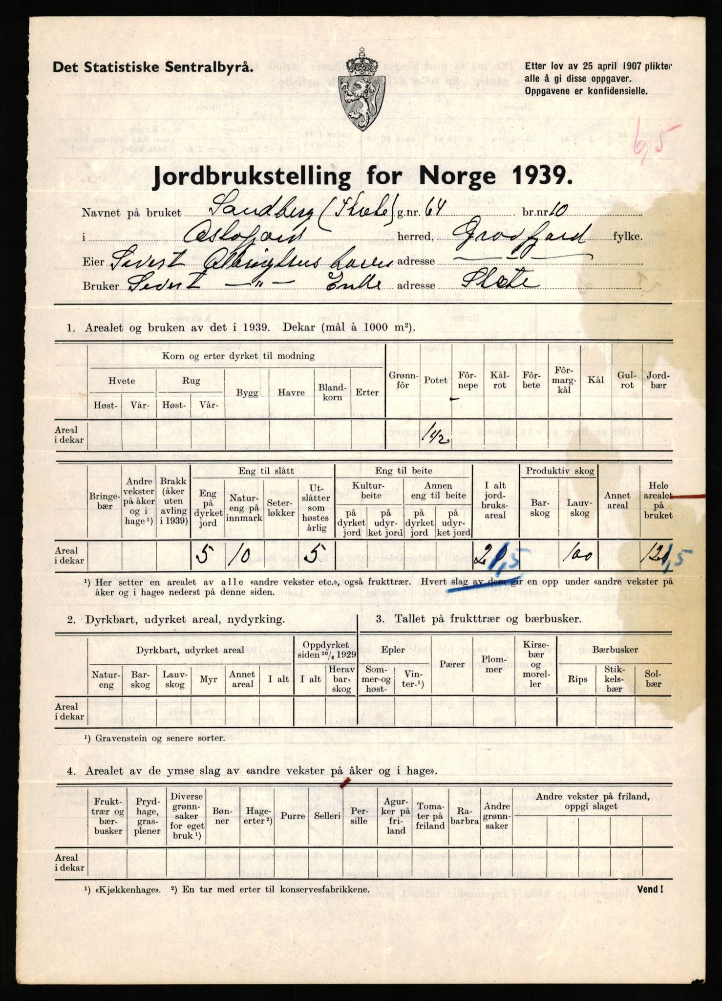 Statistisk sentralbyrå, Næringsøkonomiske emner, Jordbruk, skogbruk, jakt, fiske og fangst, AV/RA-S-2234/G/Gb/L0339: Troms: Andørja, Astafjord og Lavangen, 1939, p. 87