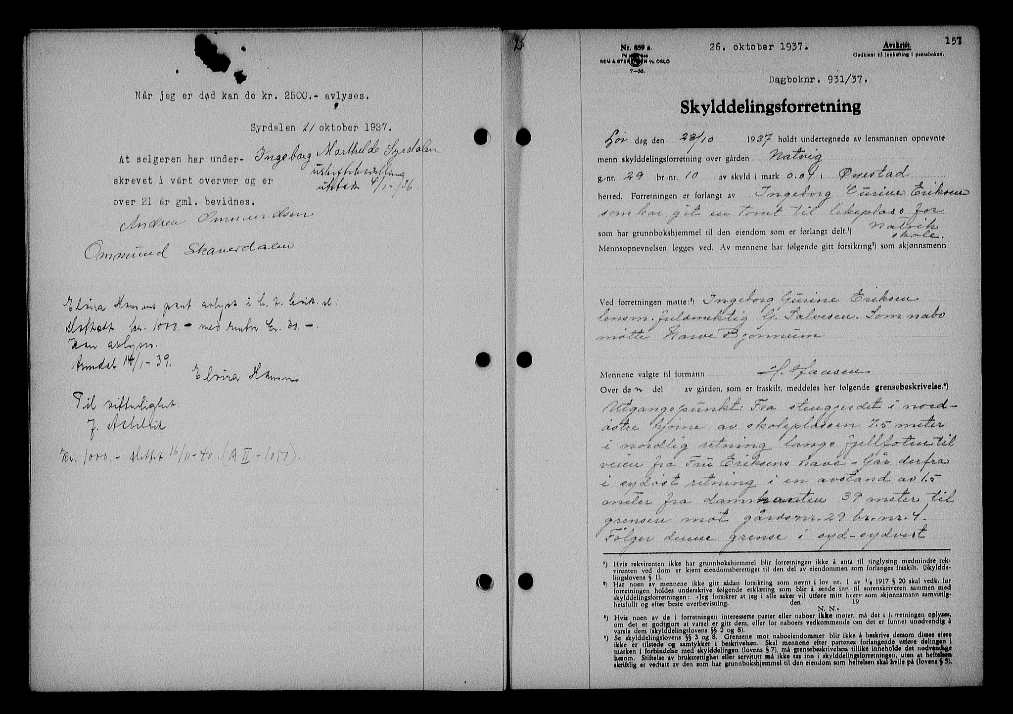 Nedenes sorenskriveri, SAK/1221-0006/G/Gb/Gba/L0044: Mortgage book no. 40, 1937-1938, Diary no: : 931/1937