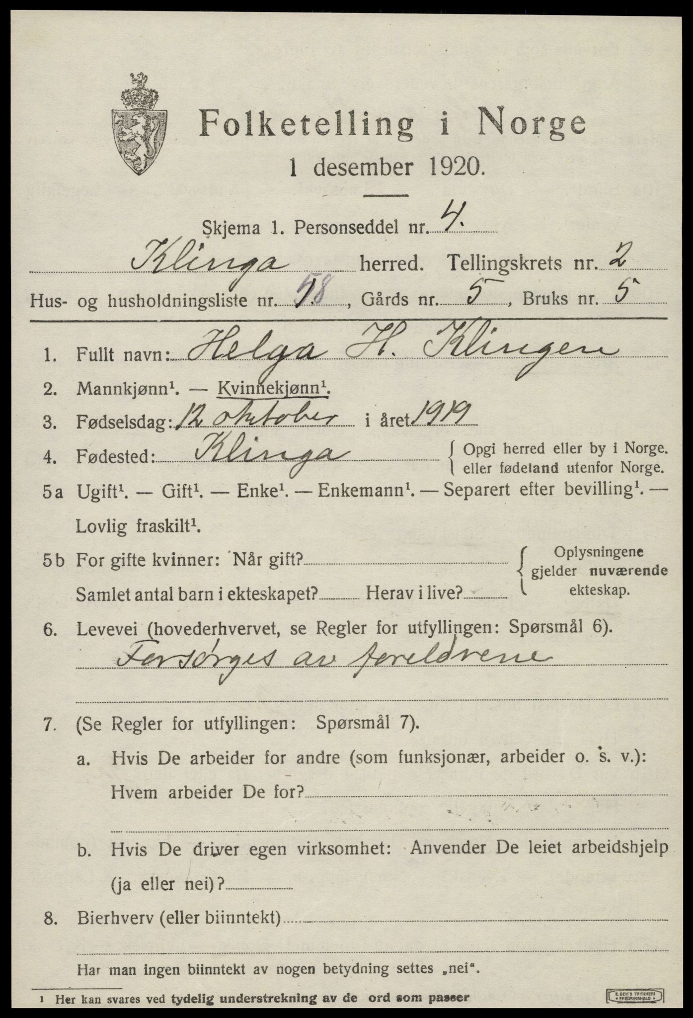 SAT, 1920 census for Klinga, 1920, p. 2065