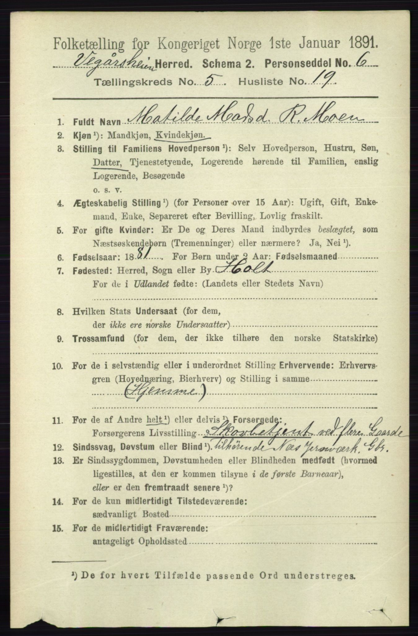 RA, 1891 census for 0912 Vegårshei, 1891, p. 1111