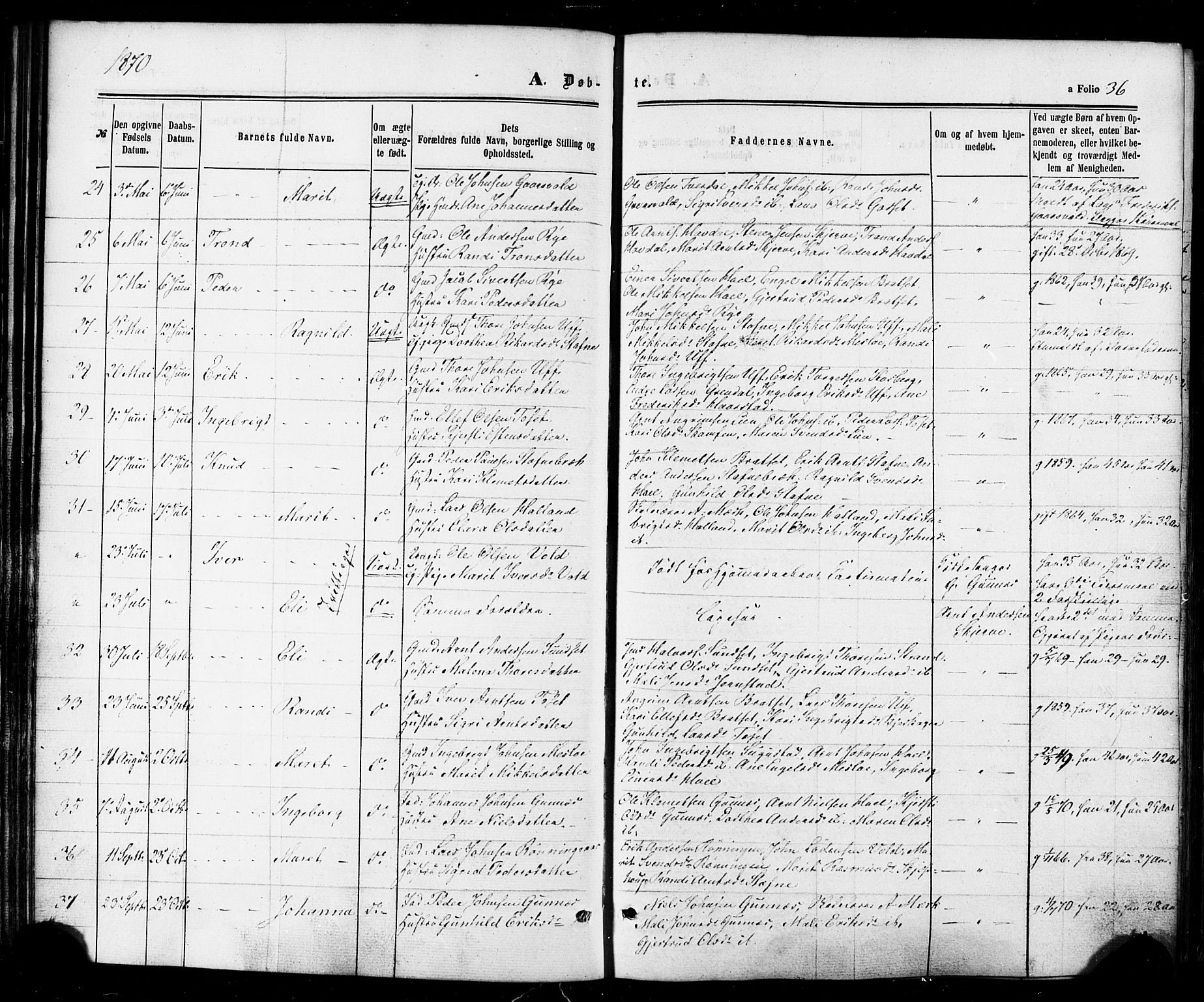 Ministerialprotokoller, klokkerbøker og fødselsregistre - Sør-Trøndelag, SAT/A-1456/674/L0870: Parish register (official) no. 674A02, 1861-1879, p. 36
