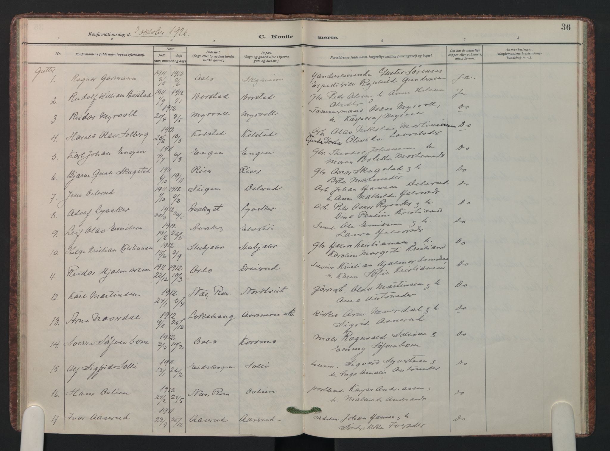 Aurskog prestekontor Kirkebøker, SAO/A-10304a/F/Fa/L0015: Parish register (official) no. I 15, 1915-1929, p. 36