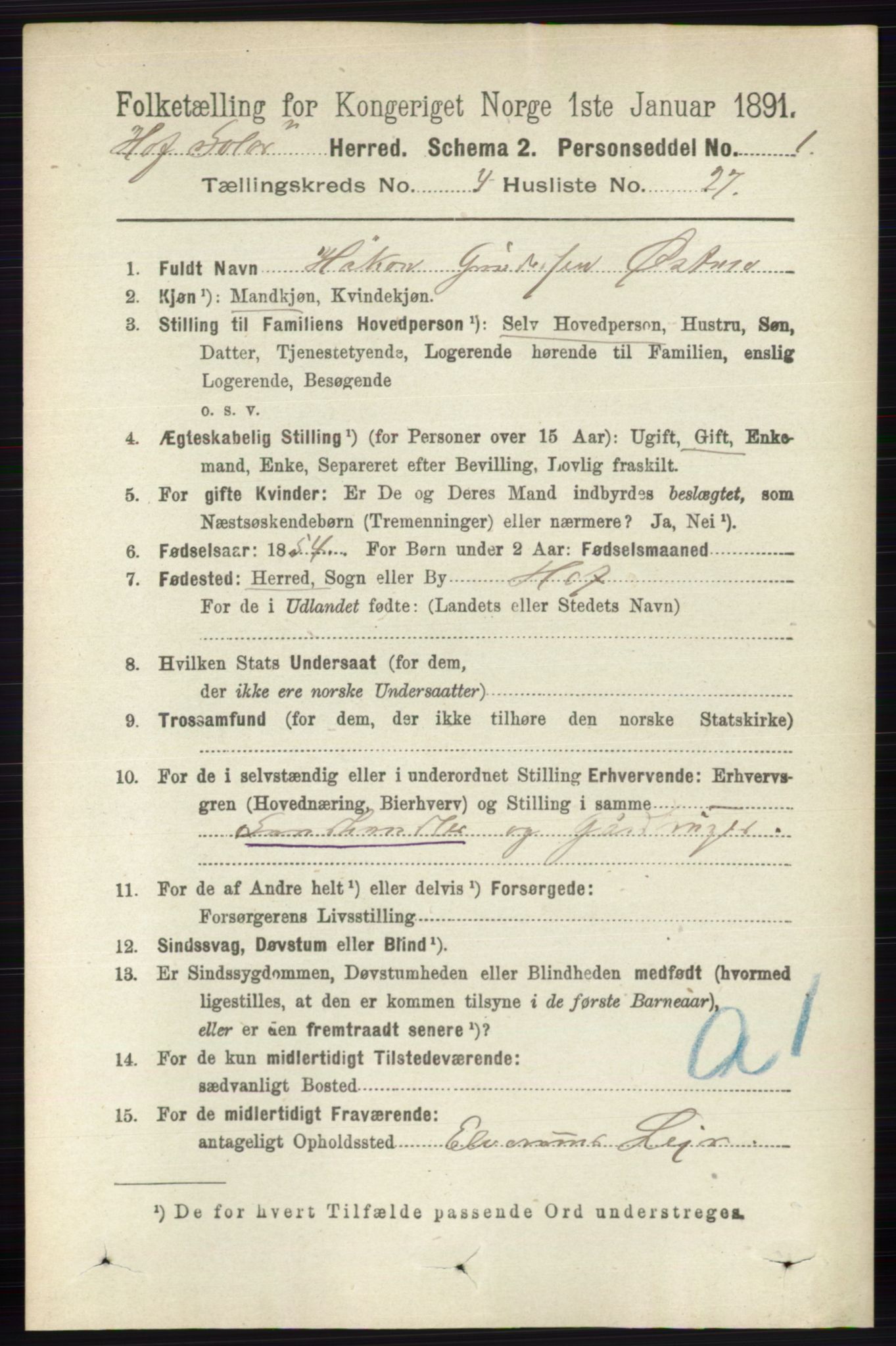 RA, 1891 census for 0424 Hof, 1891, p. 1610