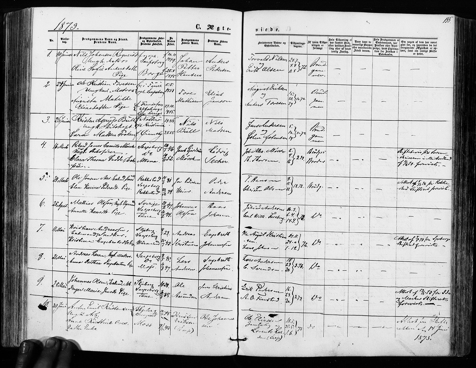 Sarpsborg prestekontor Kirkebøker, AV/SAO-A-2006/F/Fa/L0002: Parish register (official) no. 2, 1869-1877, p. 155