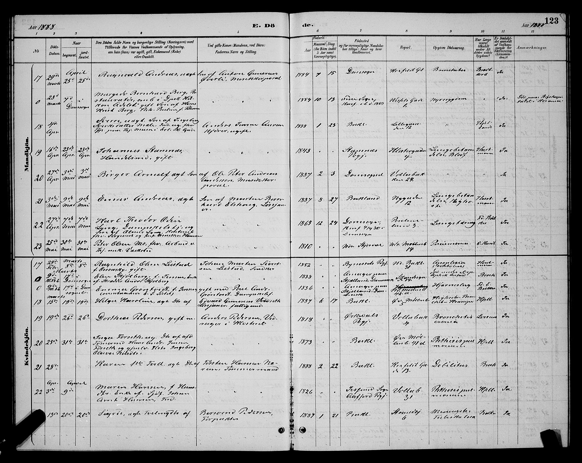 Ministerialprotokoller, klokkerbøker og fødselsregistre - Sør-Trøndelag, SAT/A-1456/604/L0223: Parish register (copy) no. 604C06, 1886-1897, p. 123