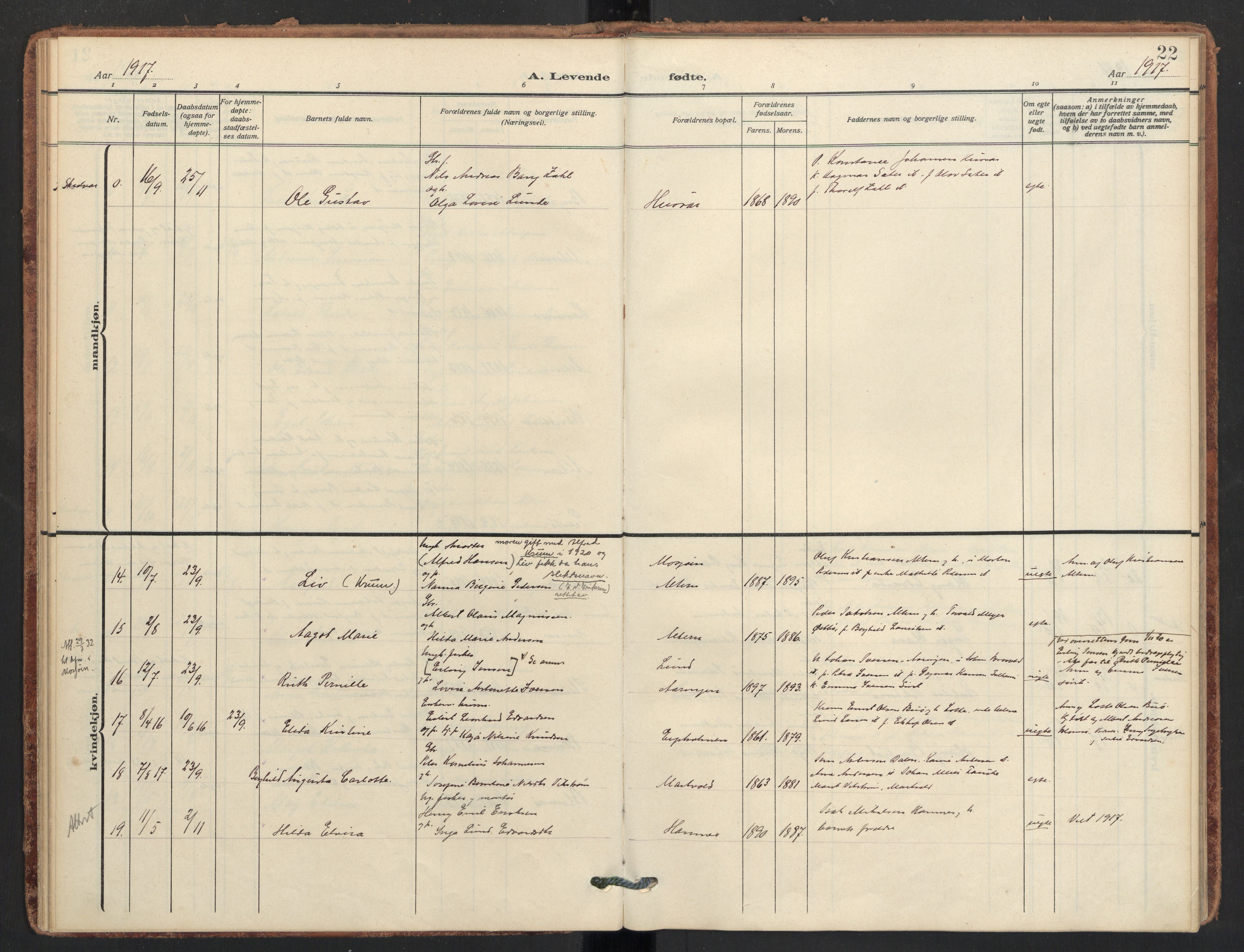 Ministerialprotokoller, klokkerbøker og fødselsregistre - Nordland, AV/SAT-A-1459/830/L0455: Parish register (official) no. 830A19, 1912-1942, p. 22