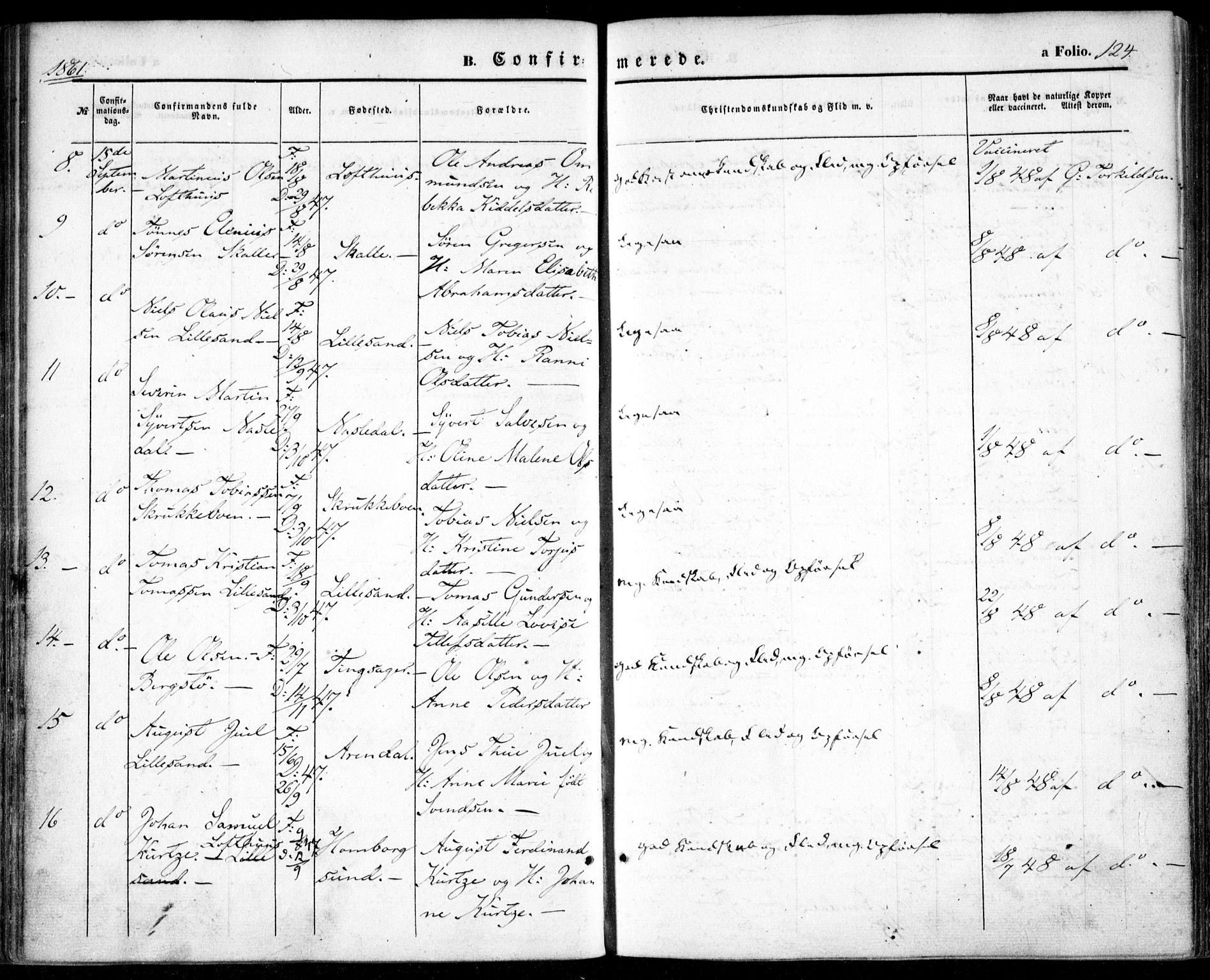 Vestre Moland sokneprestkontor, AV/SAK-1111-0046/F/Fa/Fab/L0007: Parish register (official) no. A 7, 1859-1872, p. 124