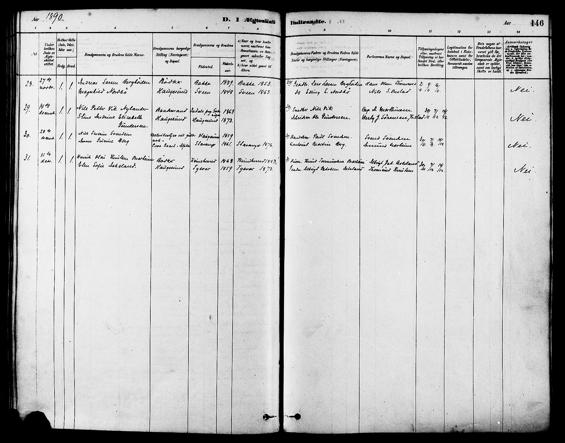 Haugesund sokneprestkontor, AV/SAST-A -101863/H/Ha/Haa/L0003: Parish register (official) no. A 3, 1885-1890, p. 146