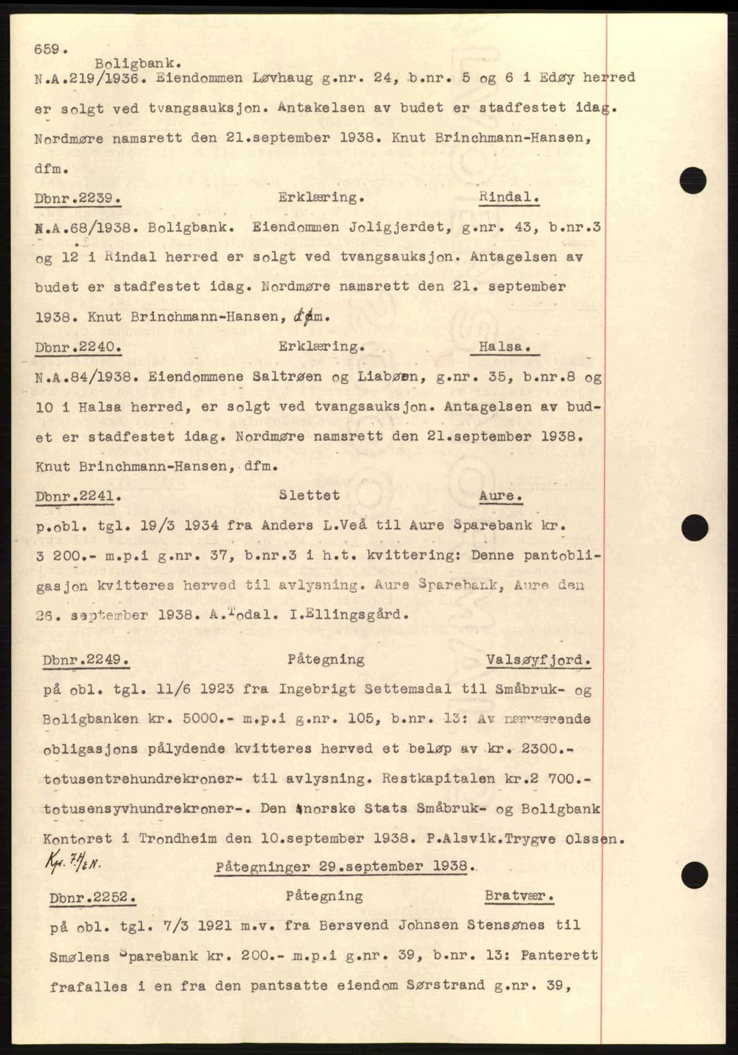 Nordmøre sorenskriveri, AV/SAT-A-4132/1/2/2Ca: Mortgage book no. C80, 1936-1939, Diary no: : 2239/1938