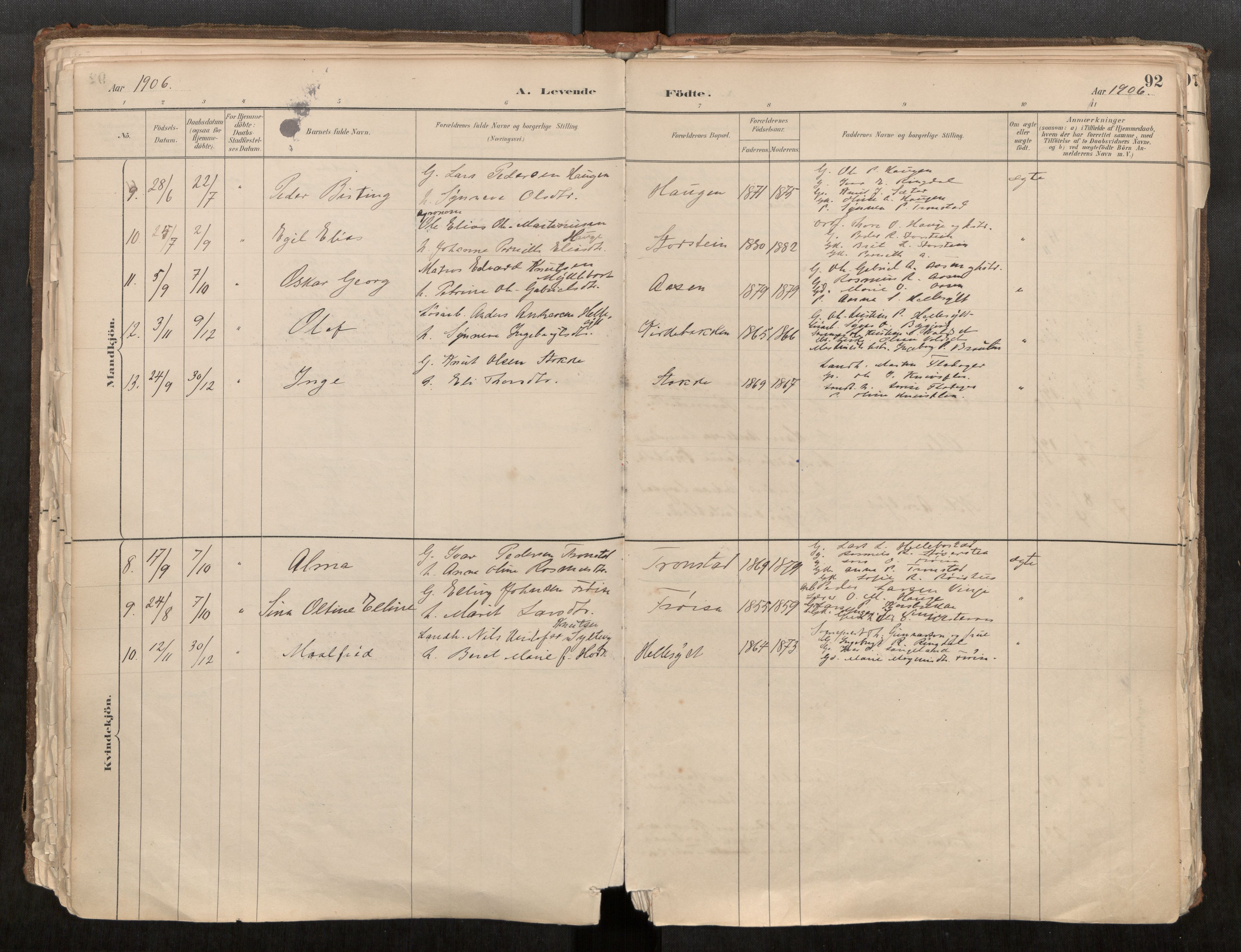 Sunnylven sokneprestkontor, AV/SAT-A-1007: Parish register (official) no. 517A08, 1882-1939, p. 92