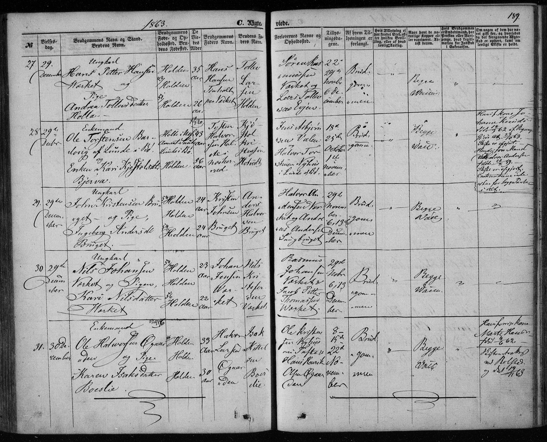 Holla kirkebøker, SAKO/A-272/F/Fa/L0006: Parish register (official) no. 6, 1861-1869, p. 189