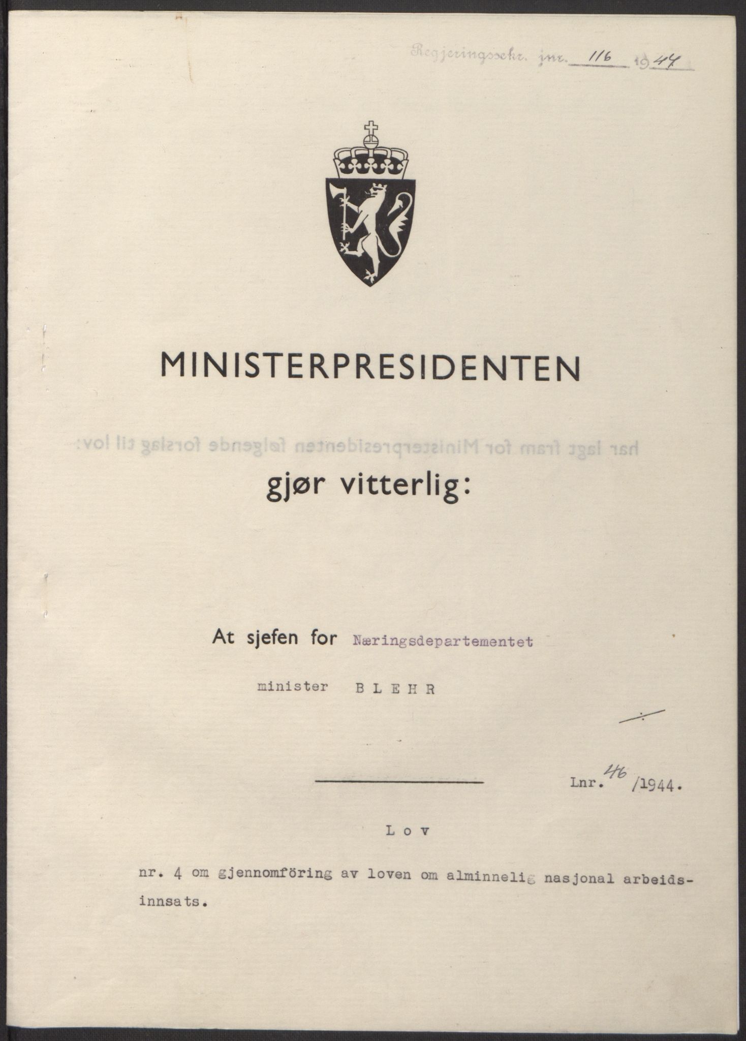 NS-administrasjonen 1940-1945 (Statsrådsekretariatet, de kommisariske statsråder mm), RA/S-4279/D/Db/L0100: Lover, 1944, p. 217