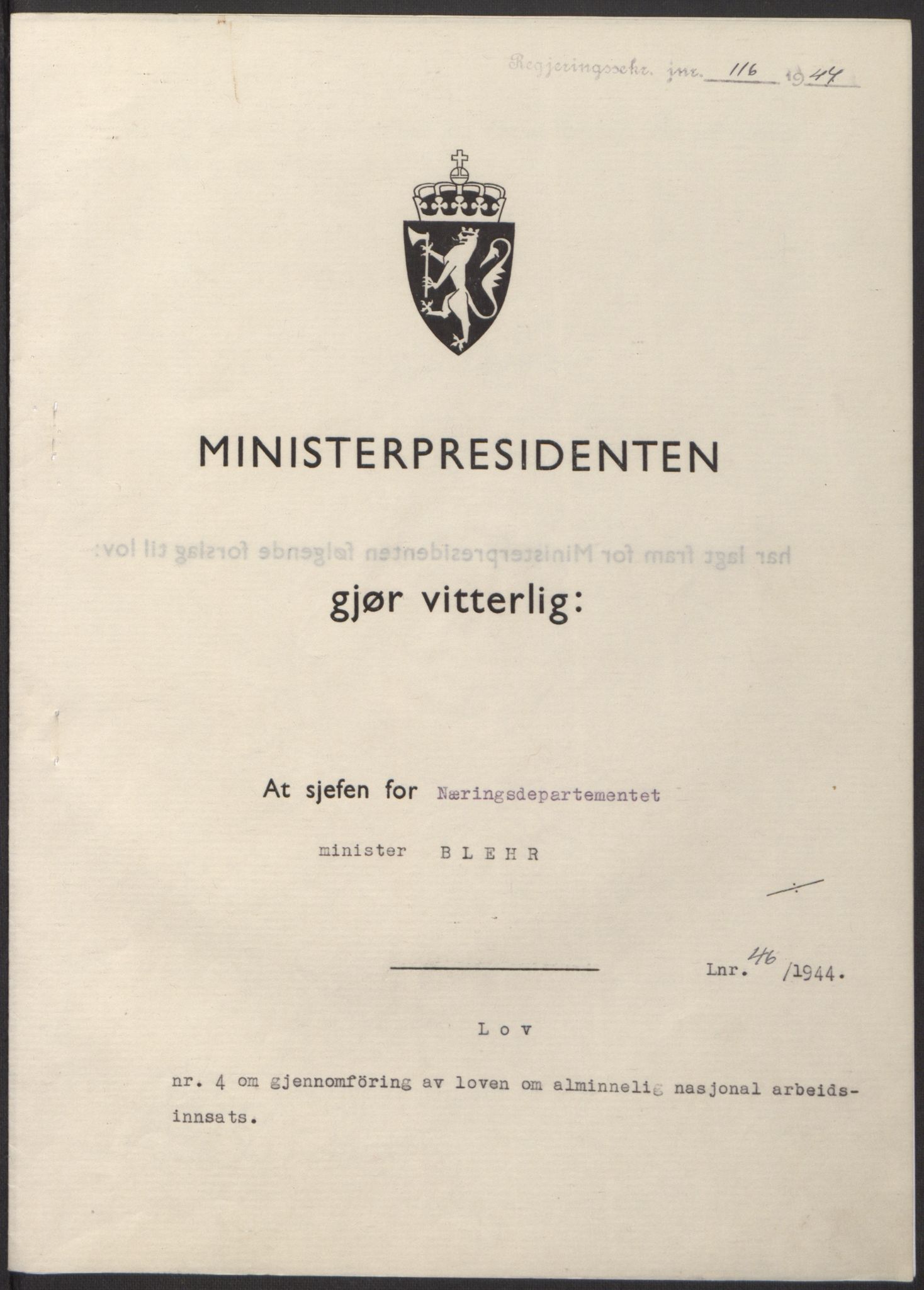 NS-administrasjonen 1940-1945 (Statsrådsekretariatet, de kommisariske statsråder mm), AV/RA-S-4279/D/Db/L0100: Lover, 1944, p. 217