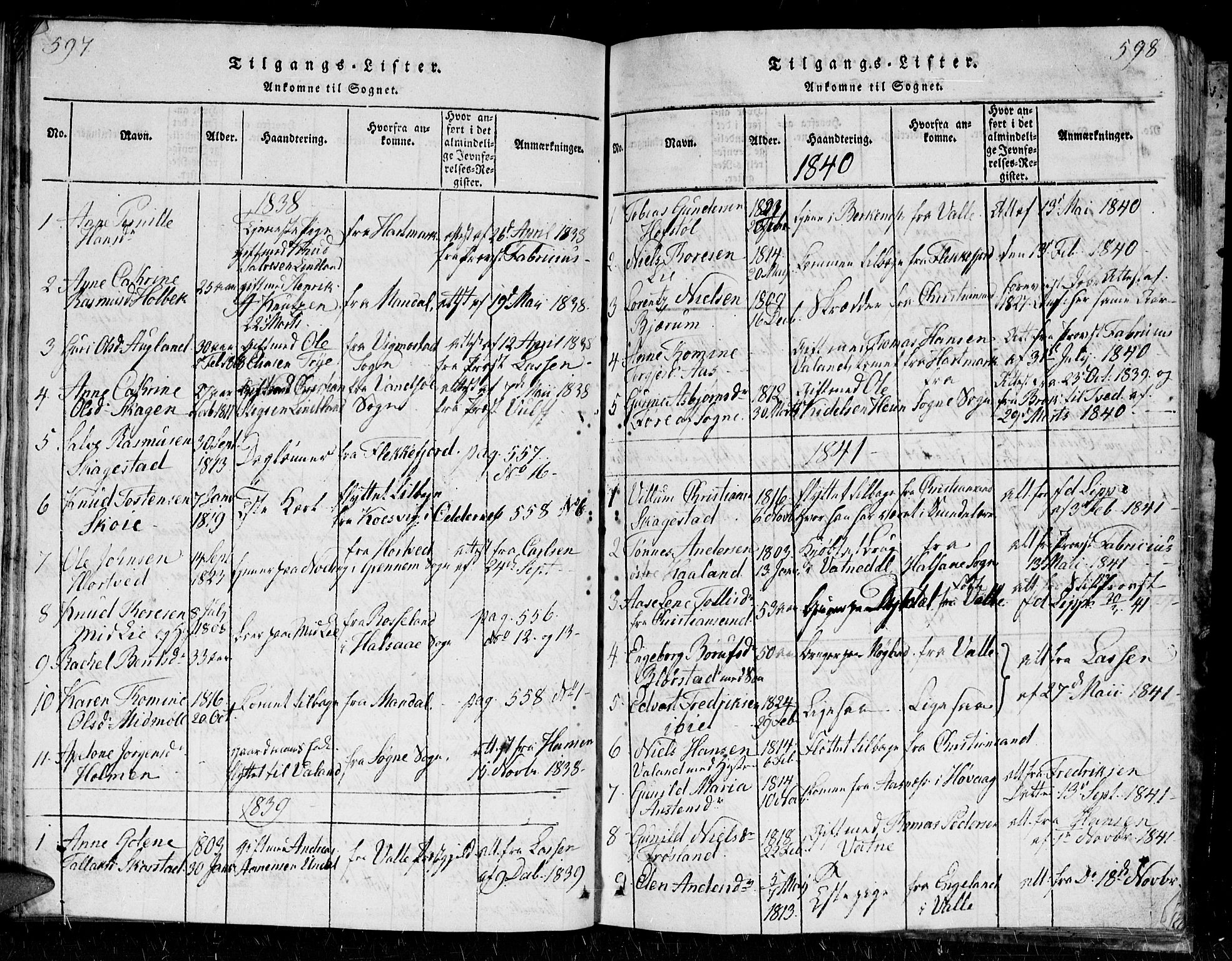 Holum sokneprestkontor, SAK/1111-0022/F/Fb/Fba/L0002: Parish register (copy) no. B 2, 1820-1849, p. 597-598