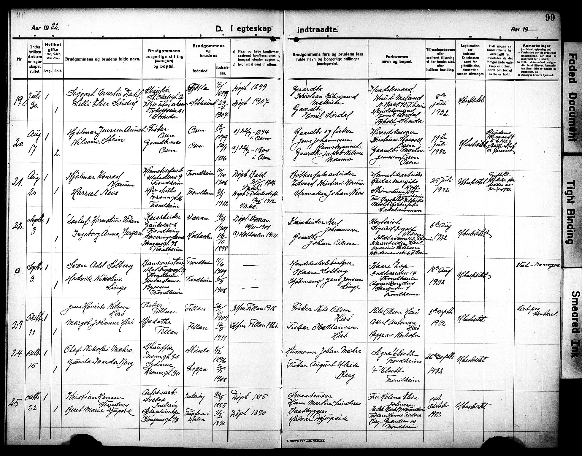 Ministerialprotokoller, klokkerbøker og fødselsregistre - Sør-Trøndelag, SAT/A-1456/602/L0149: Parish register (copy) no. 602C17, 1919-1932, p. 99