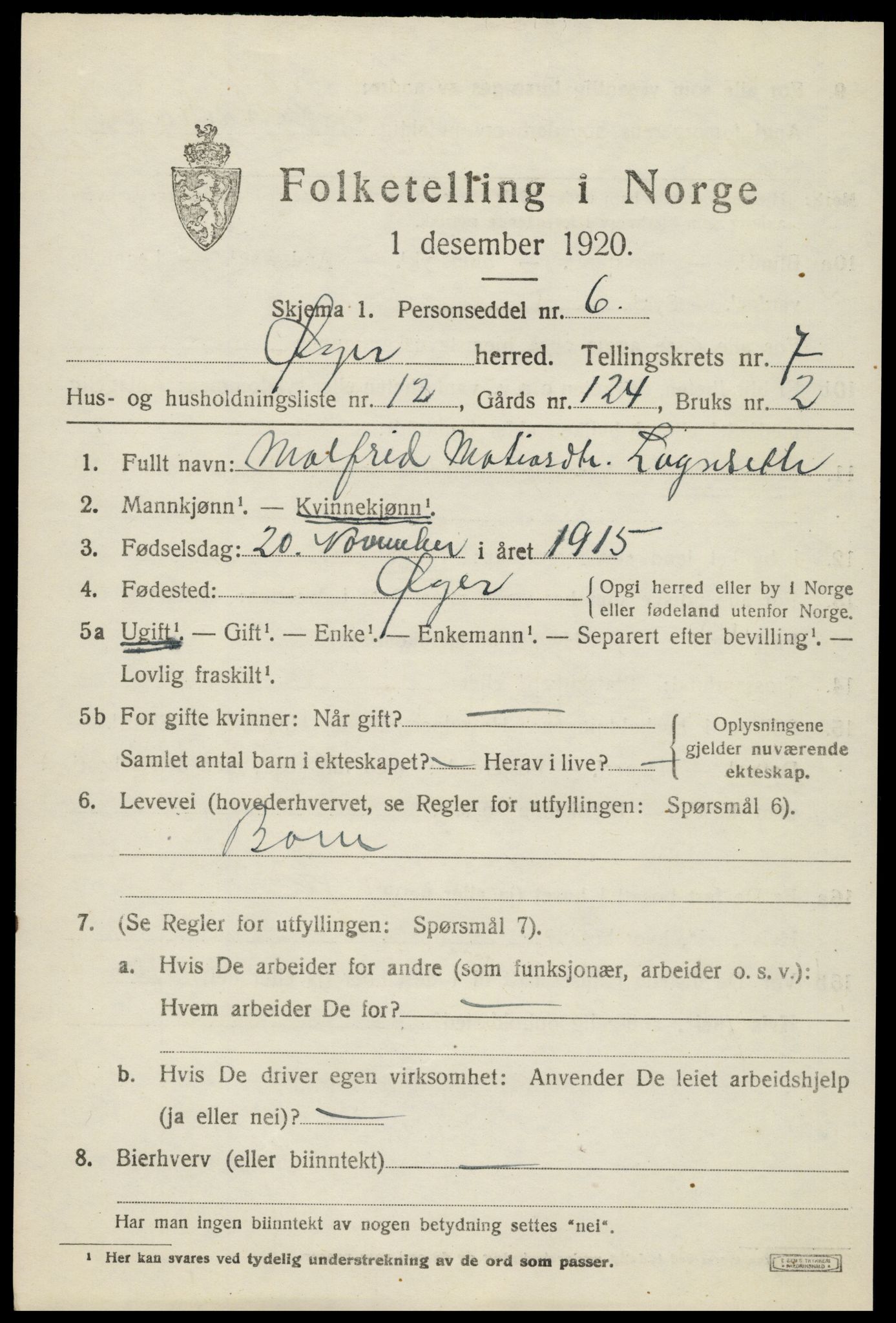 SAH, 1920 census for Øyer, 1920, p. 6496
