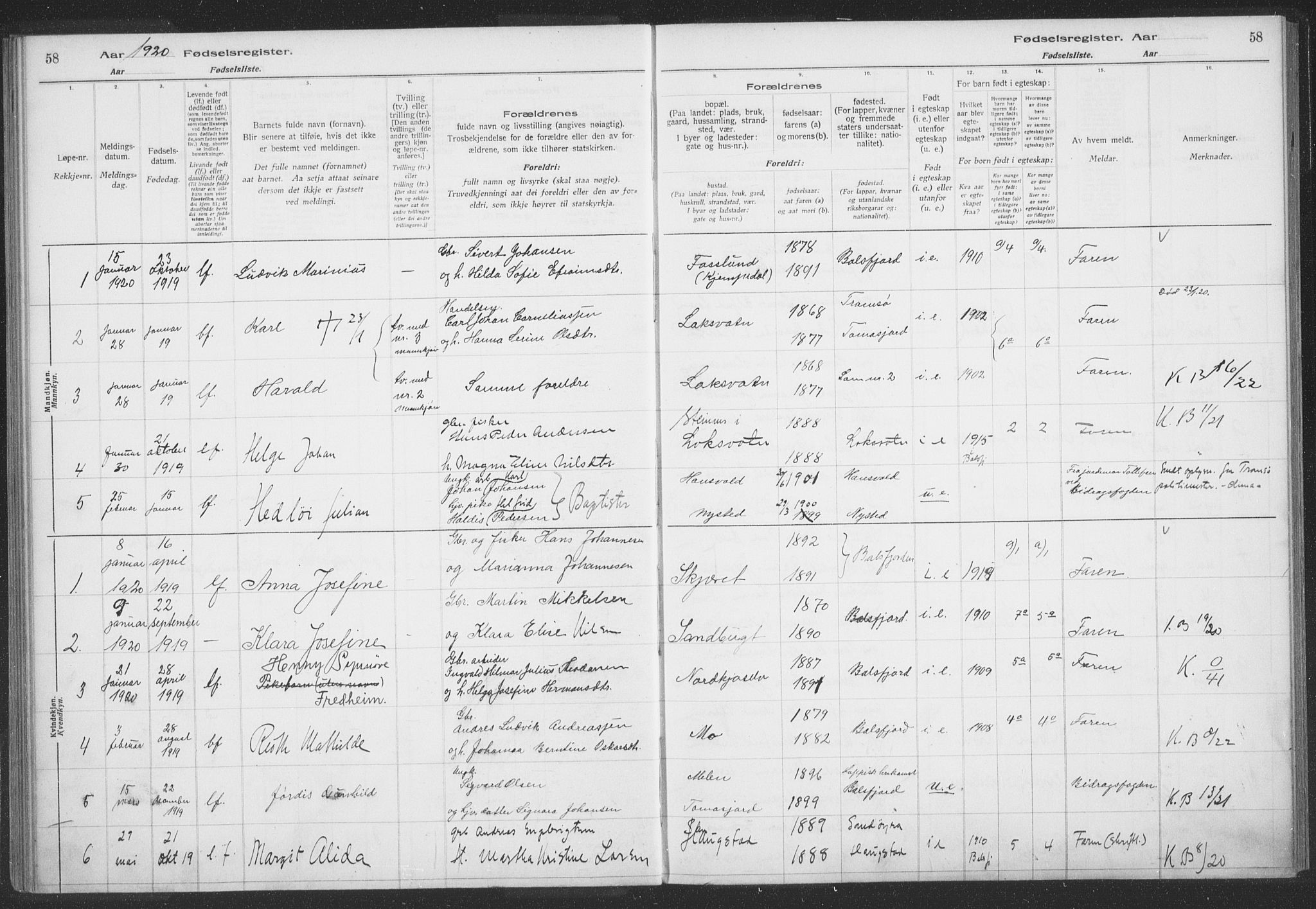 Balsfjord sokneprestembete, SATØ/S-1303/H/Hb/L0059: Birth register no. 59, 1916-1930, p. 58