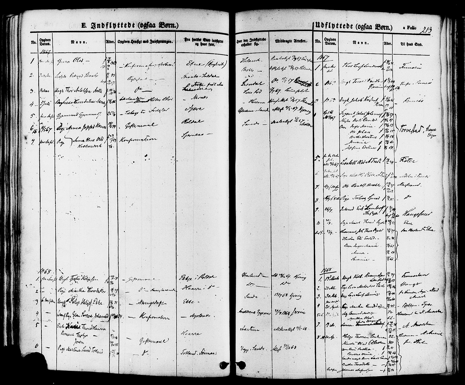 Sand sokneprestkontor, AV/SAST-A-101848/01/III/L0004: Parish register (official) no. A 4, 1859-1880, p. 213