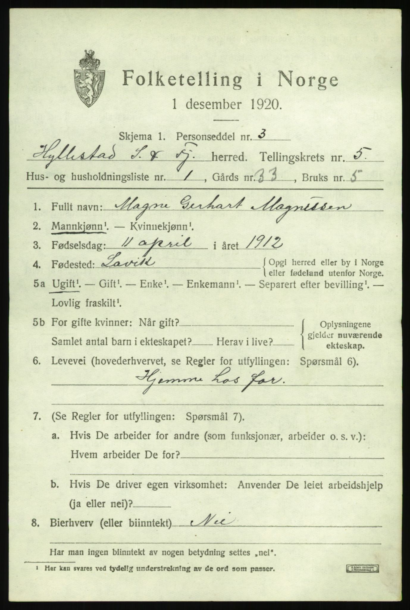 SAB, 1920 census for Hyllestad, 1920, p. 2362