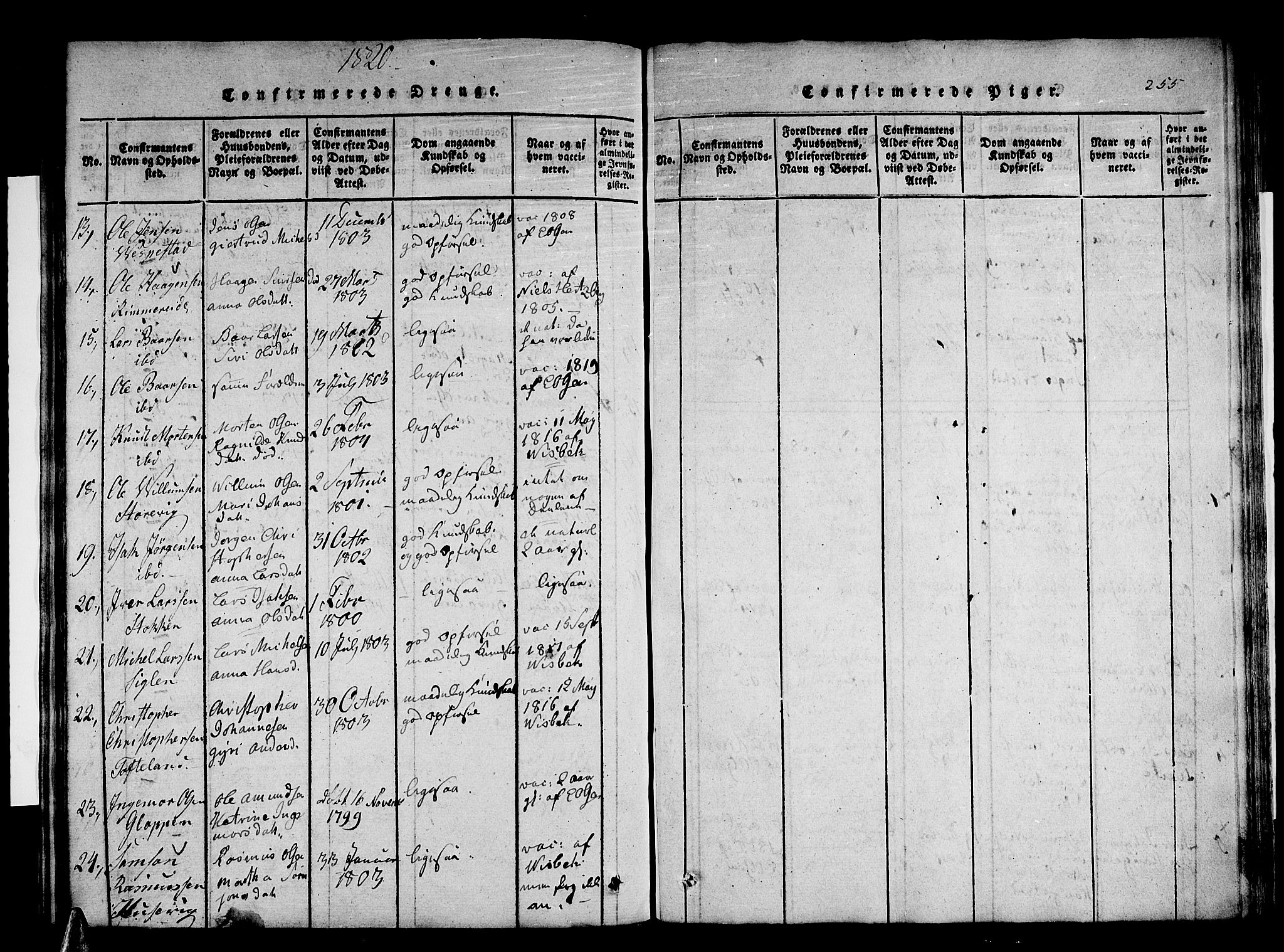 Stord sokneprestembete, AV/SAB-A-78201/H/Haa: Parish register (official) no. A 5, 1816-1825, p. 255