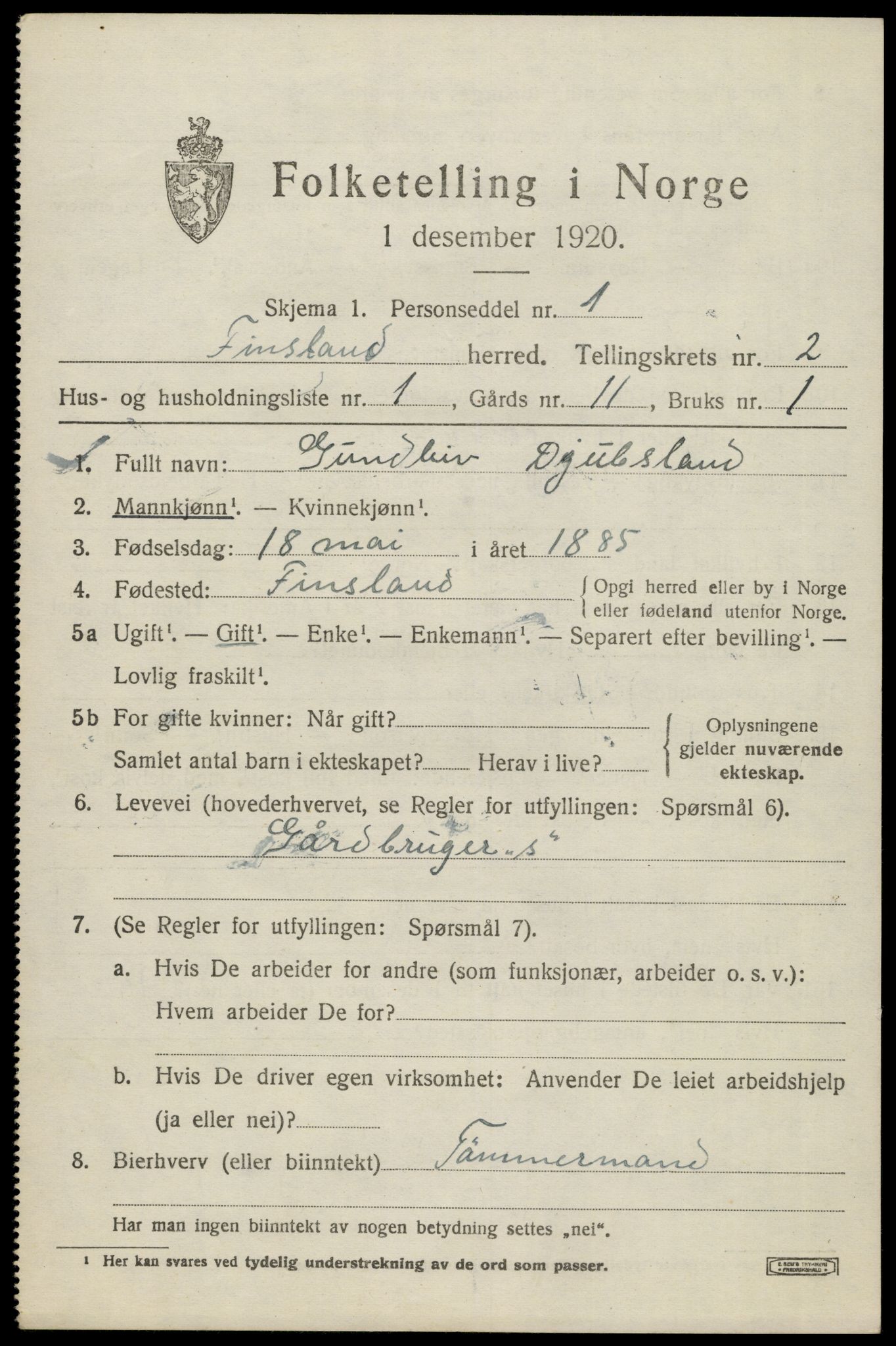 SAK, 1920 census for Finsland, 1920, p. 728