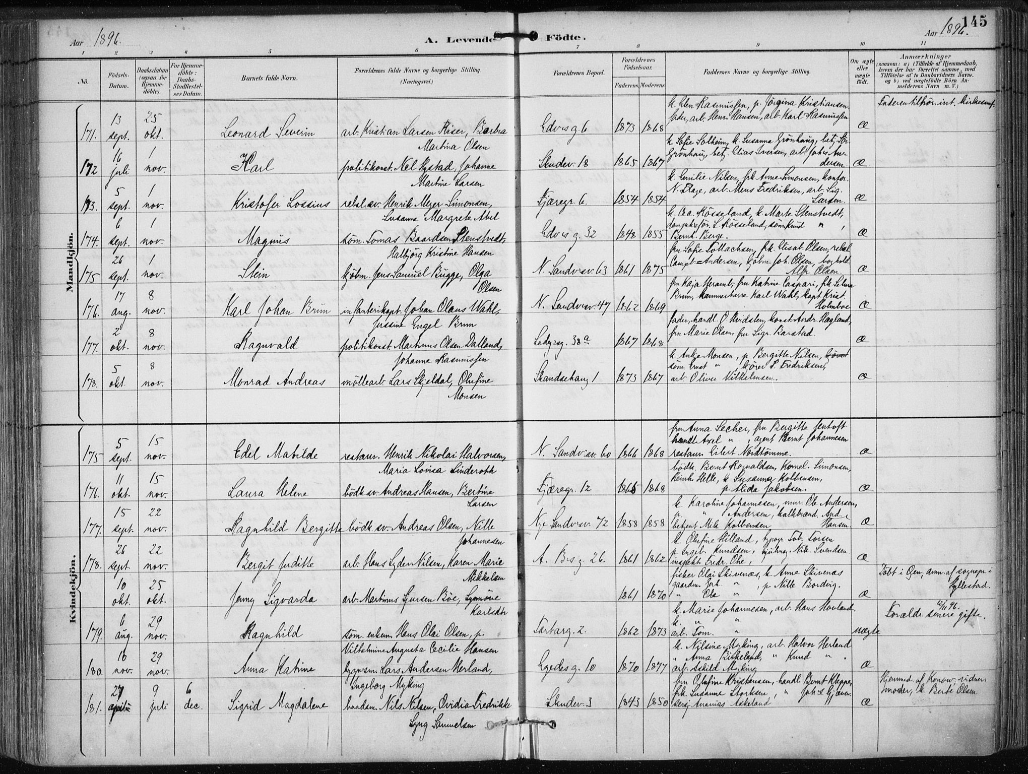 Sandviken Sokneprestembete, SAB/A-77601/H/Ha/L0005: Parish register (official) no. B 2, 1891-1901, p. 145