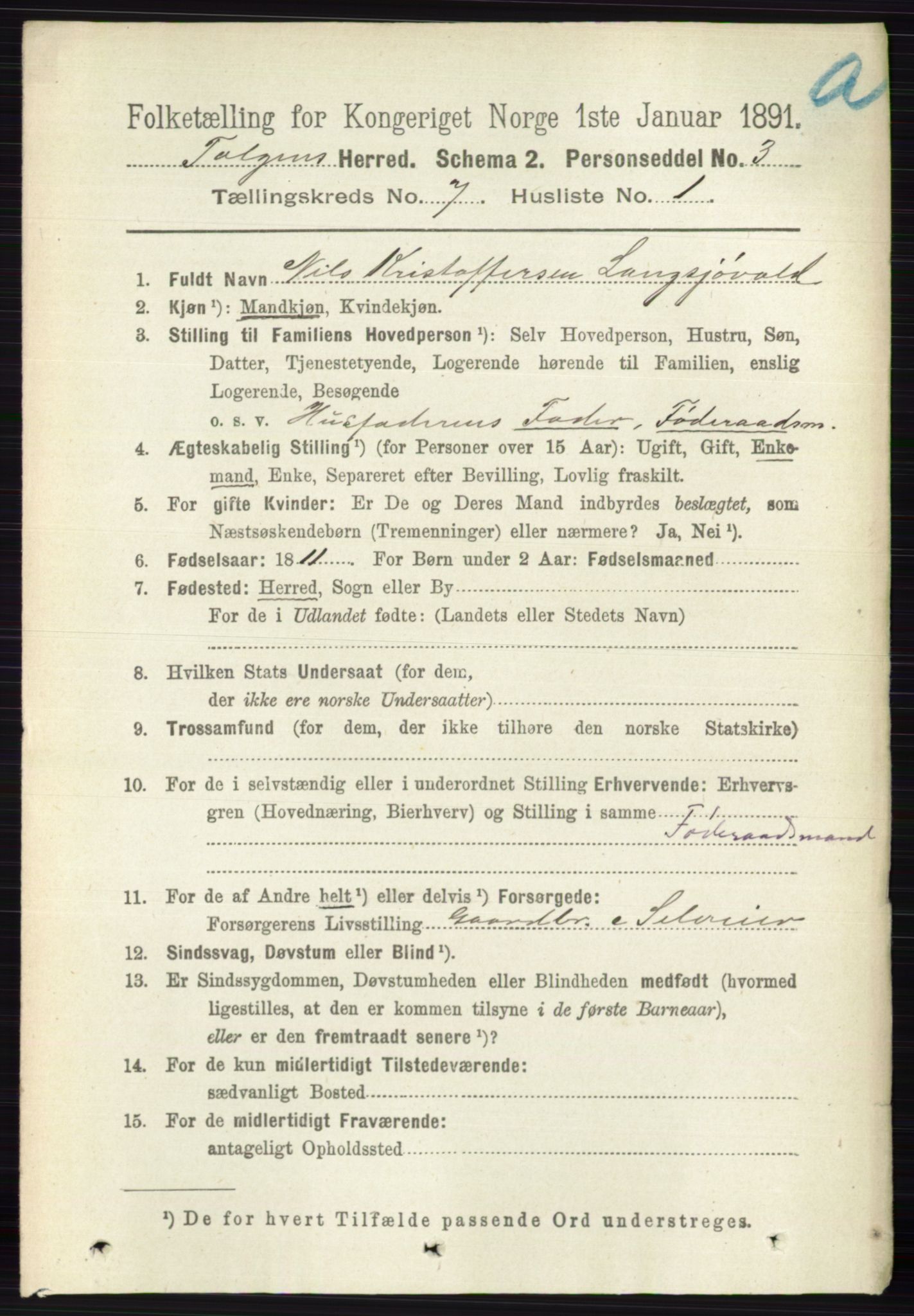 RA, 1891 census for 0436 Tolga, 1891, p. 2025