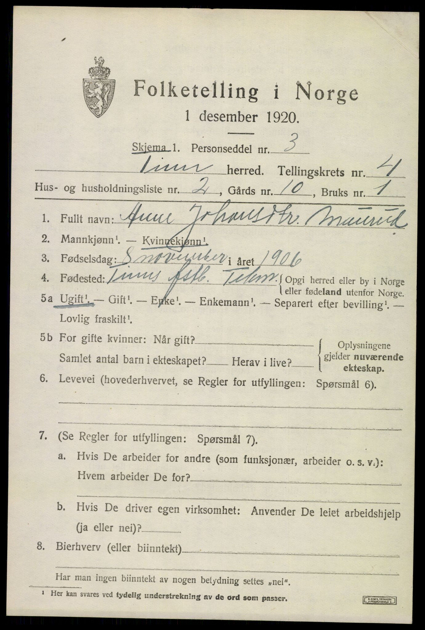 SAKO, 1920 census for Tinn, 1920, p. 3820