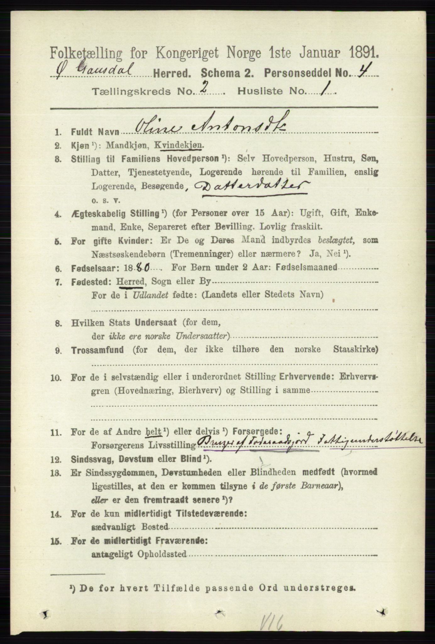 RA, 1891 census for 0522 Østre Gausdal, 1891, p. 1156