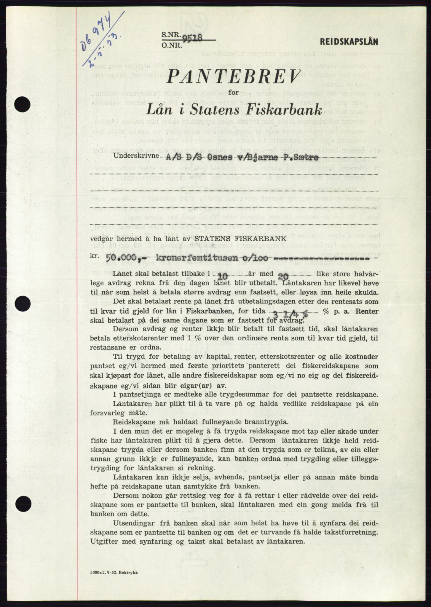 Søre Sunnmøre sorenskriveri, AV/SAT-A-4122/1/2/2C/L0123: Mortgage book no. 11B, 1953-1953, Diary no: : 974/1953