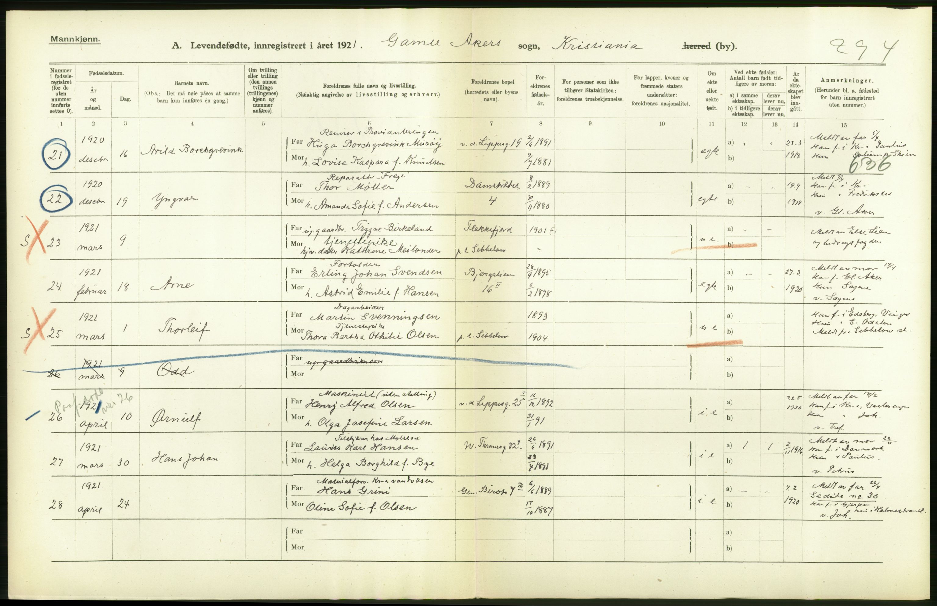 Statistisk sentralbyrå, Sosiodemografiske emner, Befolkning, AV/RA-S-2228/D/Df/Dfc/Dfca/L0010: Kristiania: Levendefødte menn og kvinner., 1921, p. 154